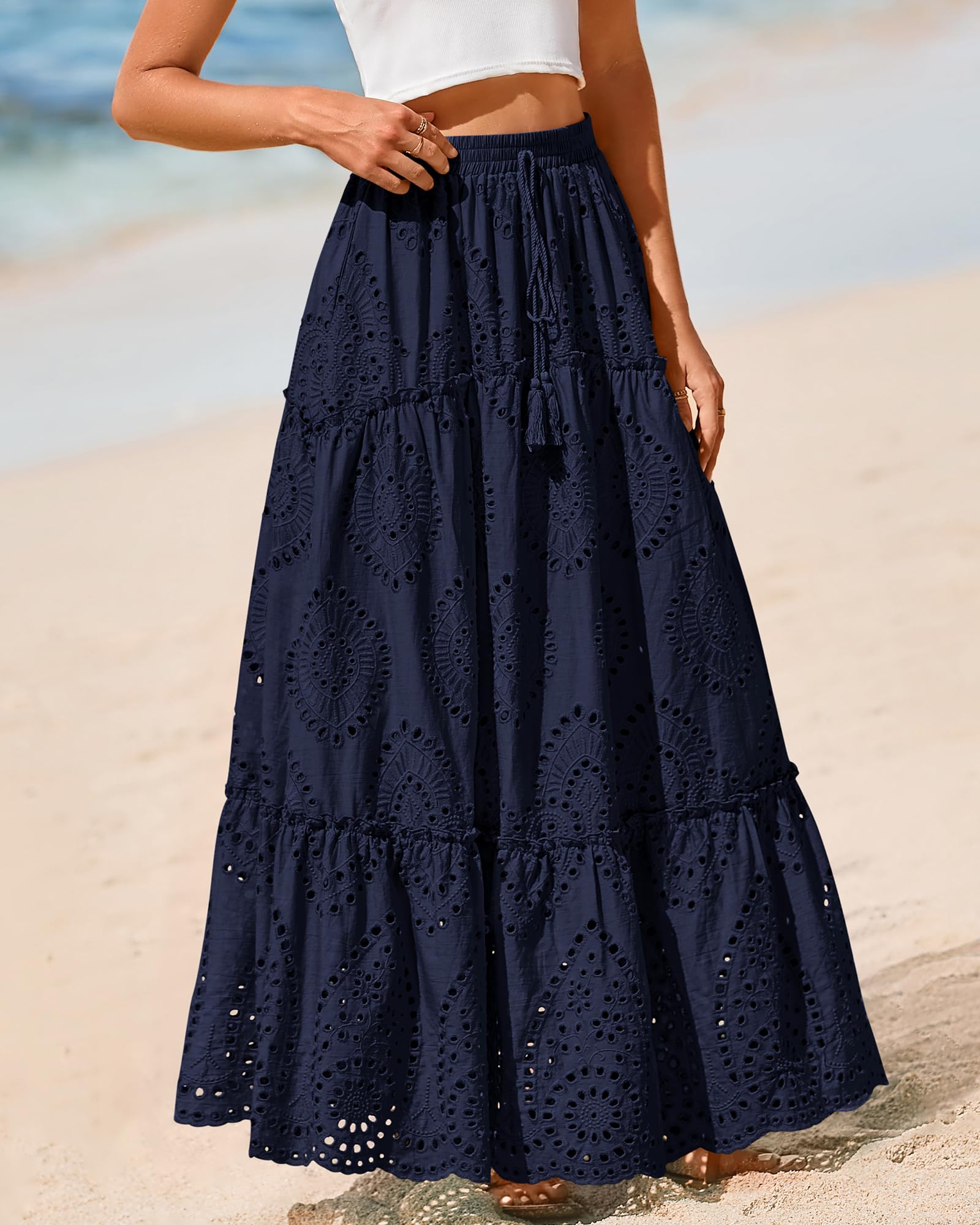 BTFBM Long Skirts for Women Summer Boho Lace Embroidery High Waist Flowy Tiered Spring Maxi Skirt Beach Vacation