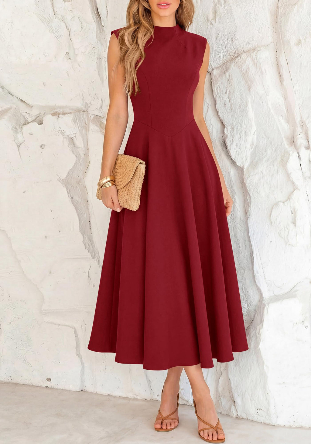 BTFBM Summer Dresses for Women Mock Neck Sleeveless High Waist Flowy Aline Maxi Spring Wedding Guest Dress Cocktail