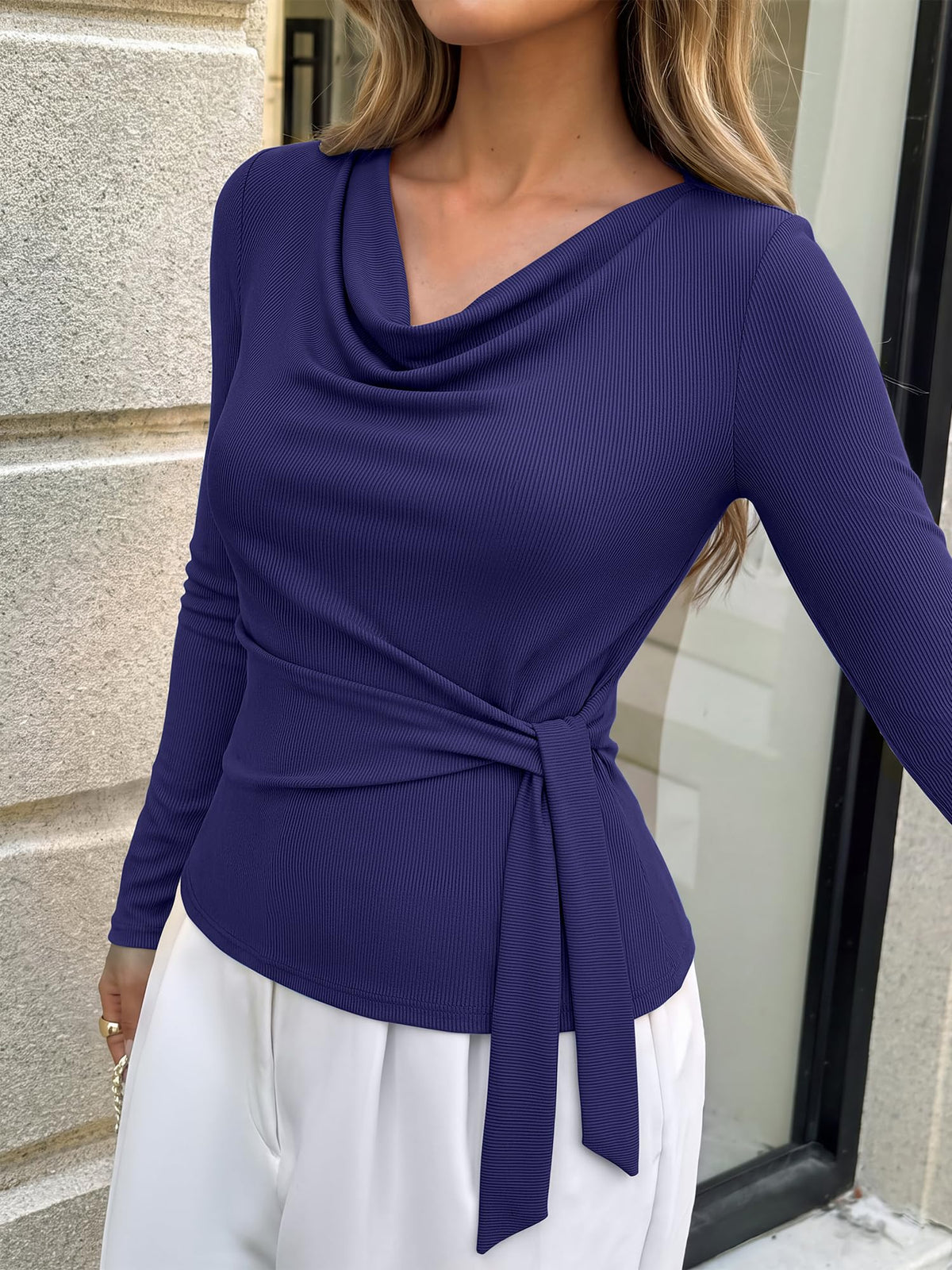 BTFBM Fall Tops for Women Tie Waist Wrap Blouses Business Casual Outfits Slim Fit Cowl Neck Long Sleeve Shirts, Elegant Dressy Blouse, Fashion Clothing, Daily Wear Going Out Office Work Clothes