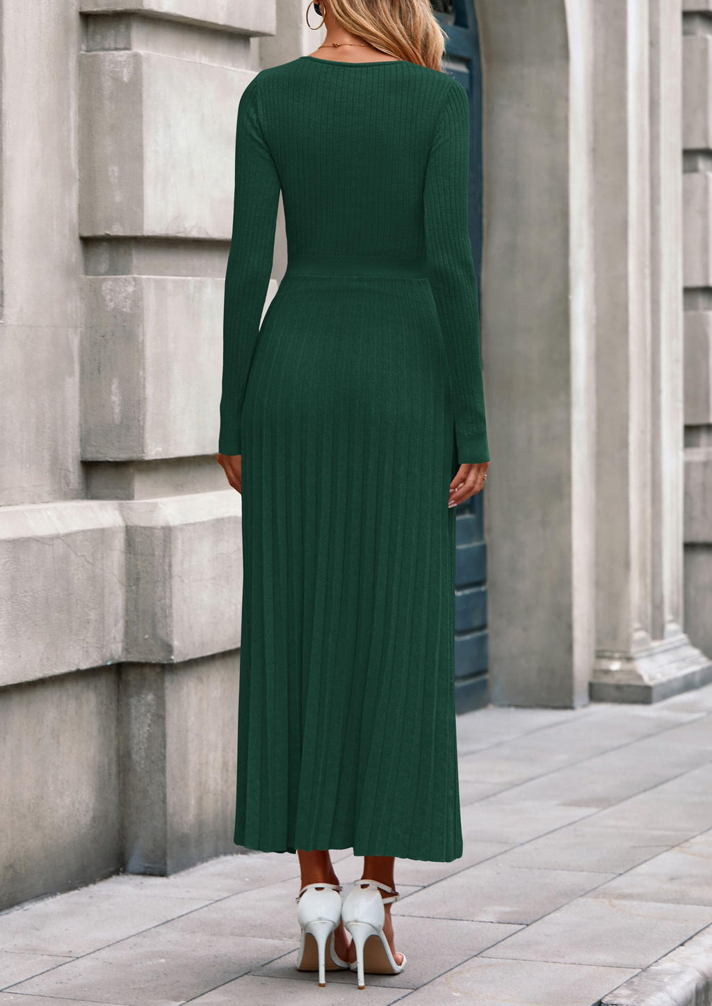 PRETTYGARDEN Women Sweater Dress Fall Fashion Long Sleeve V Neck Ribbed Knit Pleated A Line Elegant Maxi Winter Dresses
