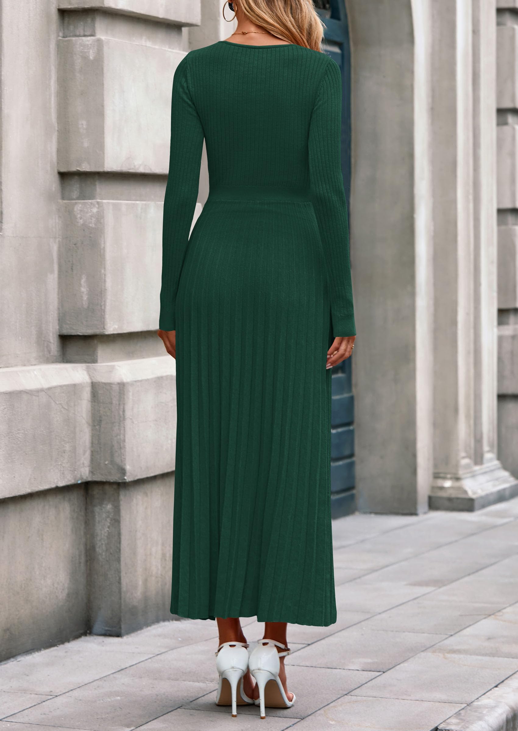 PRETTYGARDEN Women Sweater Dress Fall Fashion Long Sleeve V Neck Ribbed Knit Pleated A Line Elegant Maxi Winter Dresses