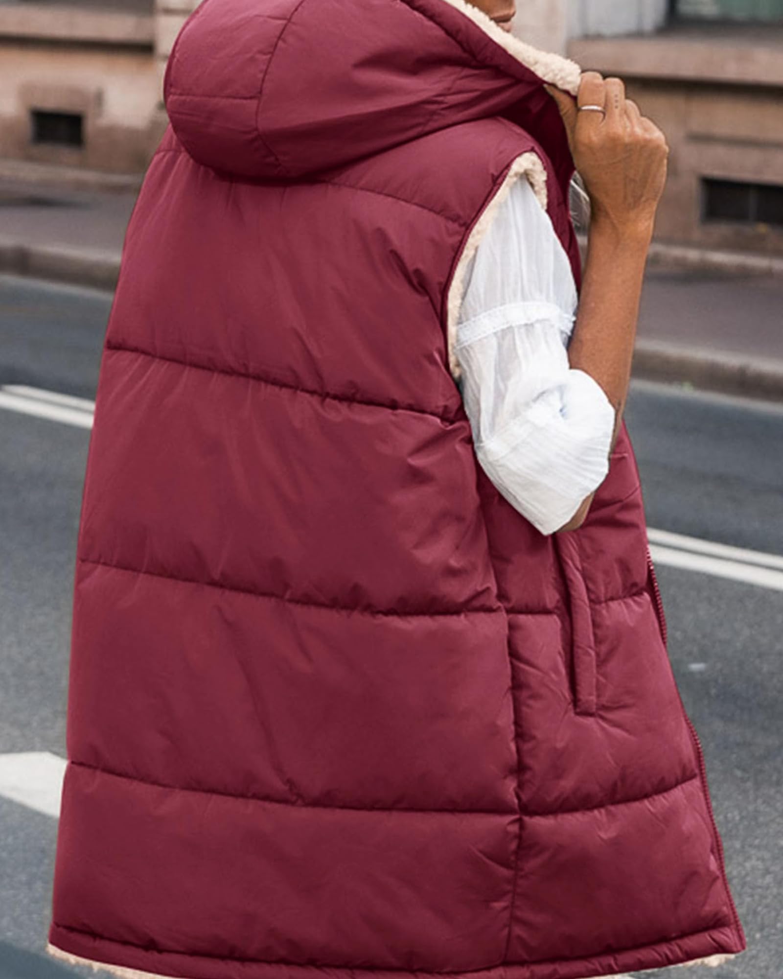 BTFBM Long Puffer Vest Women Fleece Sherpa Jacket Sleeveless Hooded Reversible Zip Up Winter Coat Fall Vests Outerwear