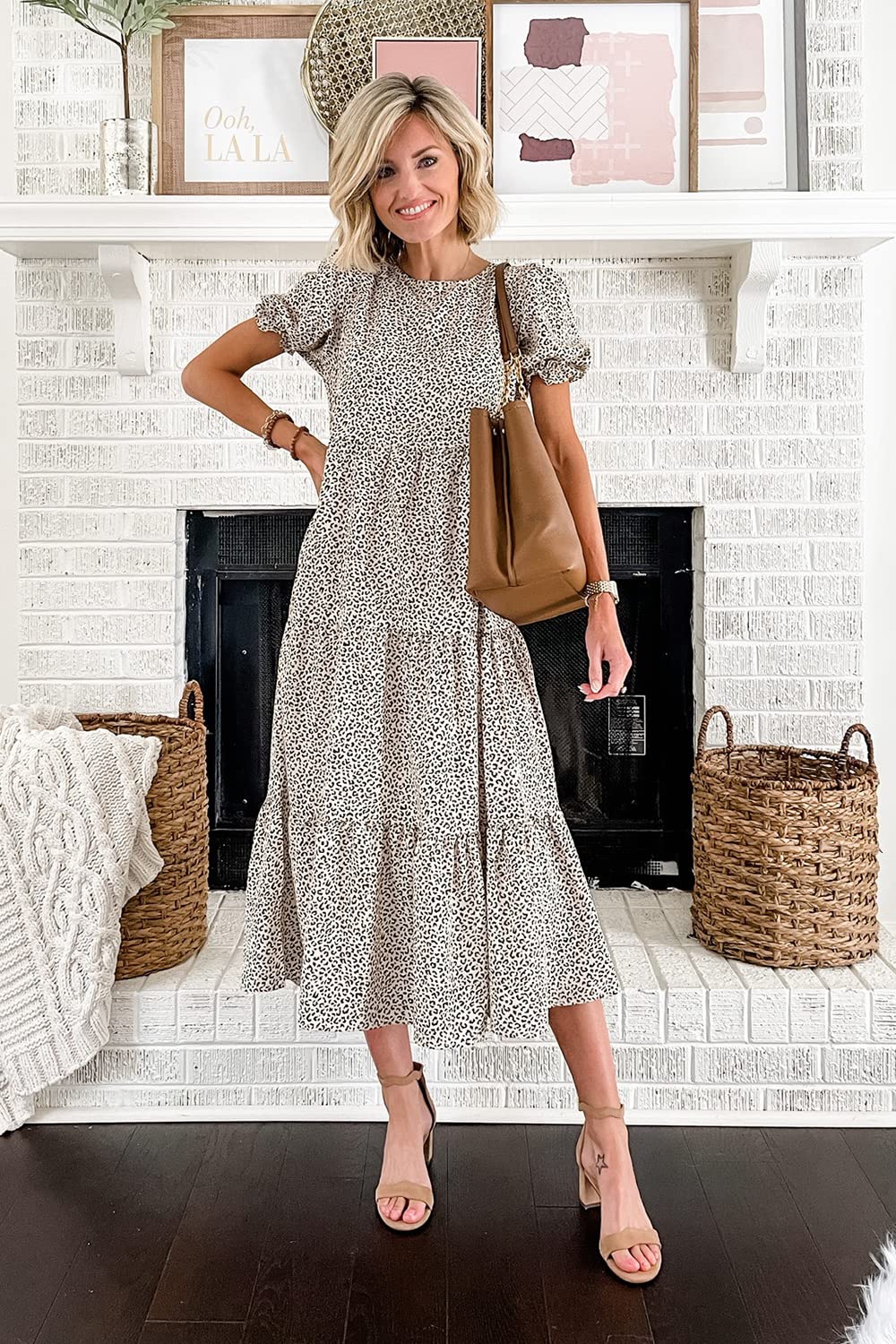 PRETTYGARDEN Summer Dresses for Women Casual Floral Boho Midi Sun Dress Puff Short Sleeve Flowy Beach Vacation Sundress