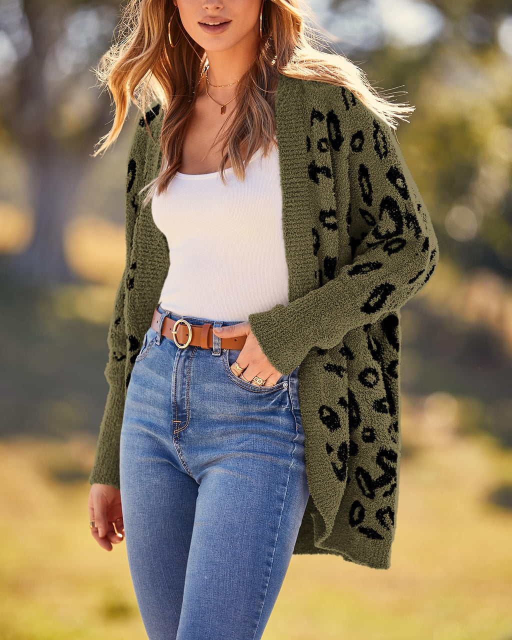 BTFBM Leopard Cardigan for Women Long Sleeve Open Front Cardigans Sweaters Pockets Loose Knit Fall Spring Outwear