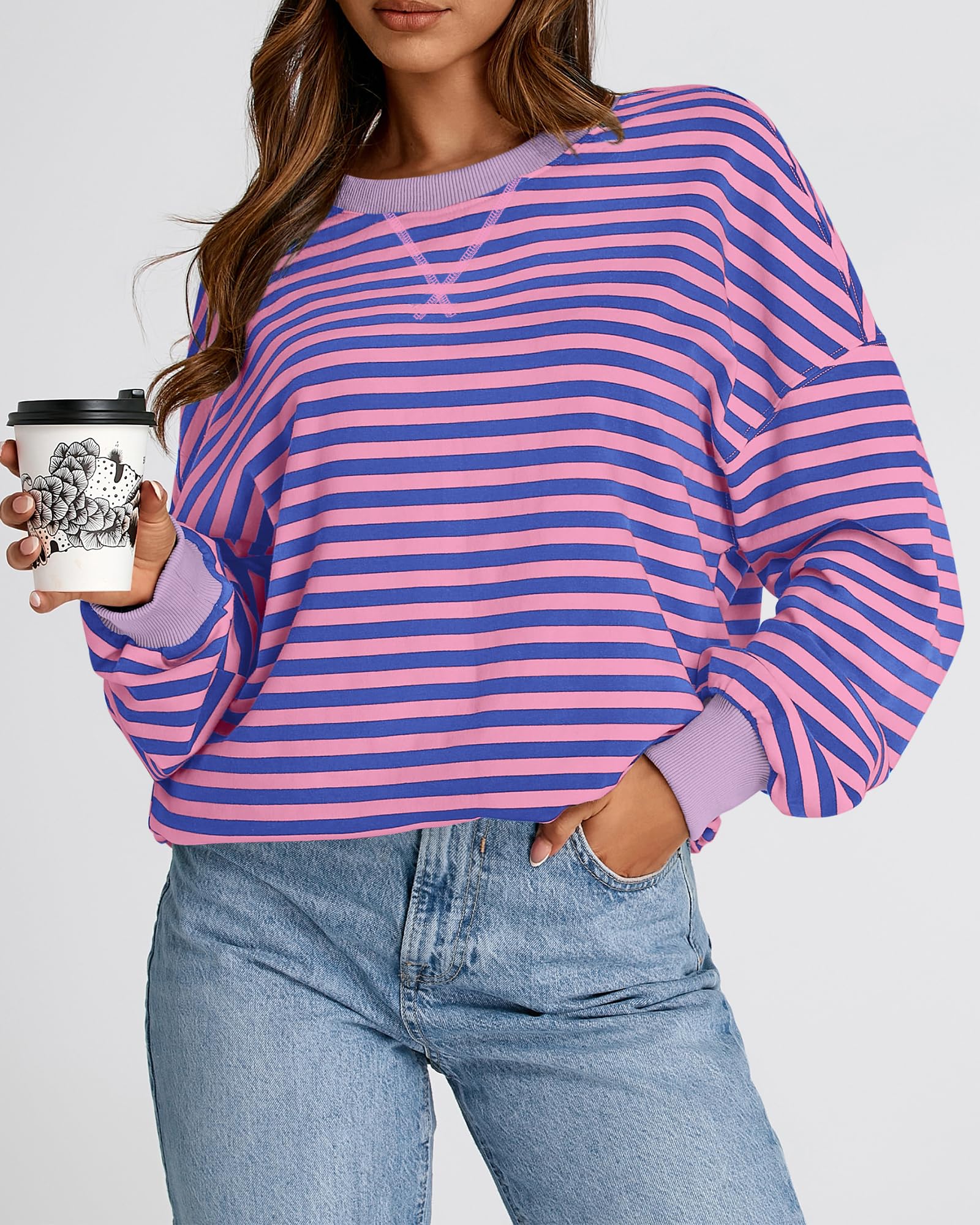 BTFBM Sweatshirt For Women Summer Crewneck Long Sleeve Oversized Striped Pullover Tops Y2K Clothes Workout Shirt