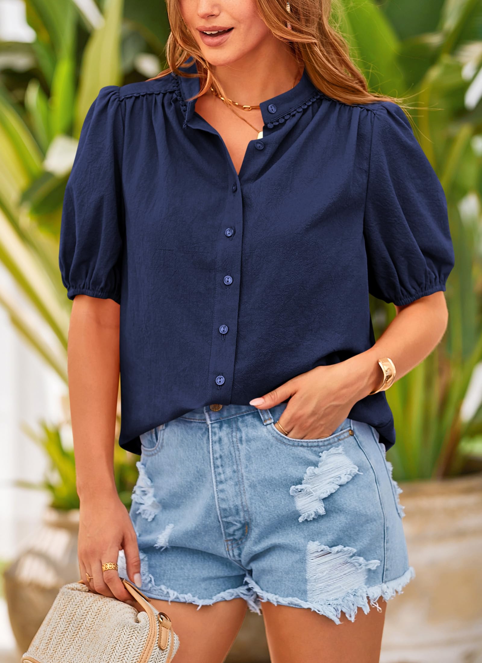 PRETTYGARDEN Women's Summer Button Down Shirts Short Lantern Sleeve V Neck Cotton Cute Dressy Casual Ladies Tops Blouses