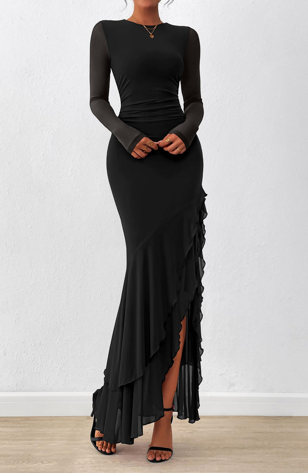 BTFBM Women's Maxi Dresses Fall Long Sleeve Wedding Guest Dress Mesh,Ruched,Bodycon,High Split,Solid Color,Ruffle, Mermaid,Cocktail Dresses,Prom,Party,Homecoming Dress,Fall Outfits