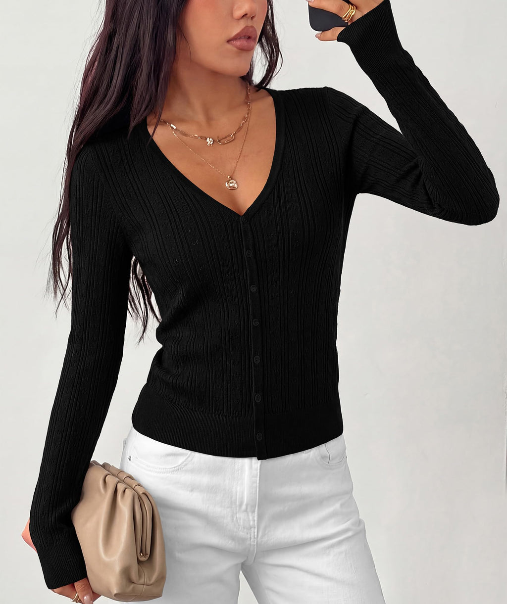 FreshPretty Womens Fitted Lightweight Cardigan Button Sweaters,Slim Fit, Long Sleeve, Eyelet Open Front Cardigans, Ribbed Cuffs & Hem, V Neck Button Down Sweater, Casual Knit Fall Outfits