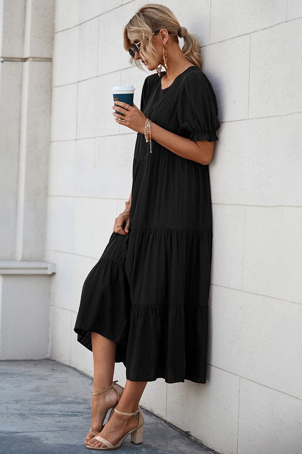 PRETTYGARDEN Summer Dresses for Women Casual Floral Boho Midi Sun Dress Puff Short Sleeve Flowy Beach Vacation Sundress
