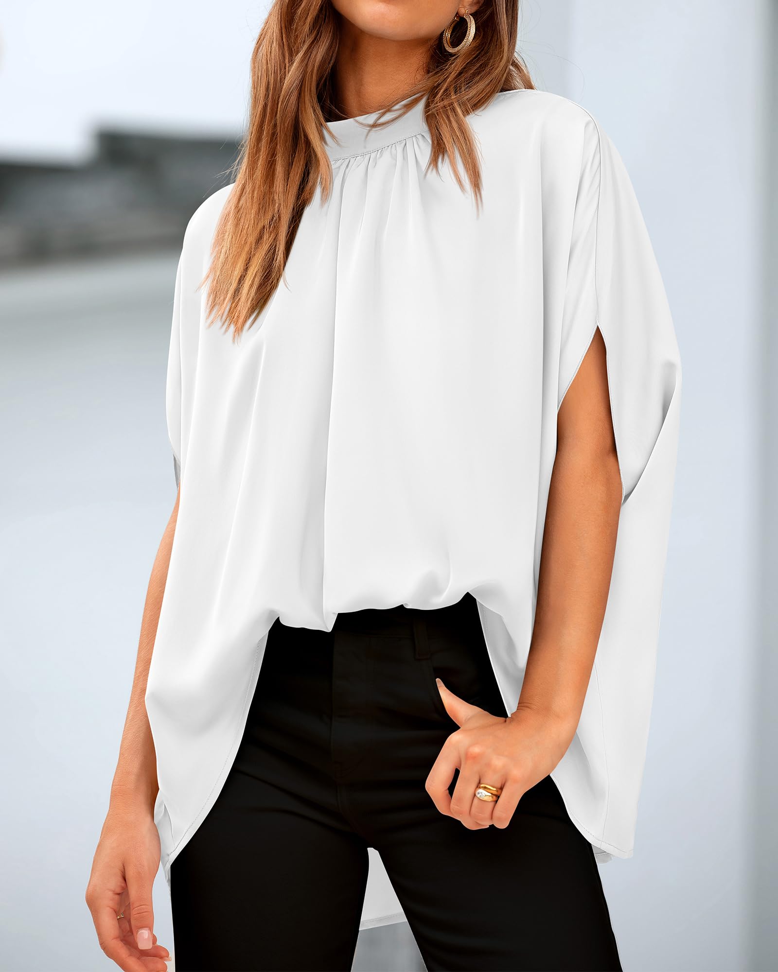 FreshPretty Womens Summer Tops Fall Mock Neck Batwing Sleeve Shirts Loose High Low Hem Oversized Dressy Casual Blouses