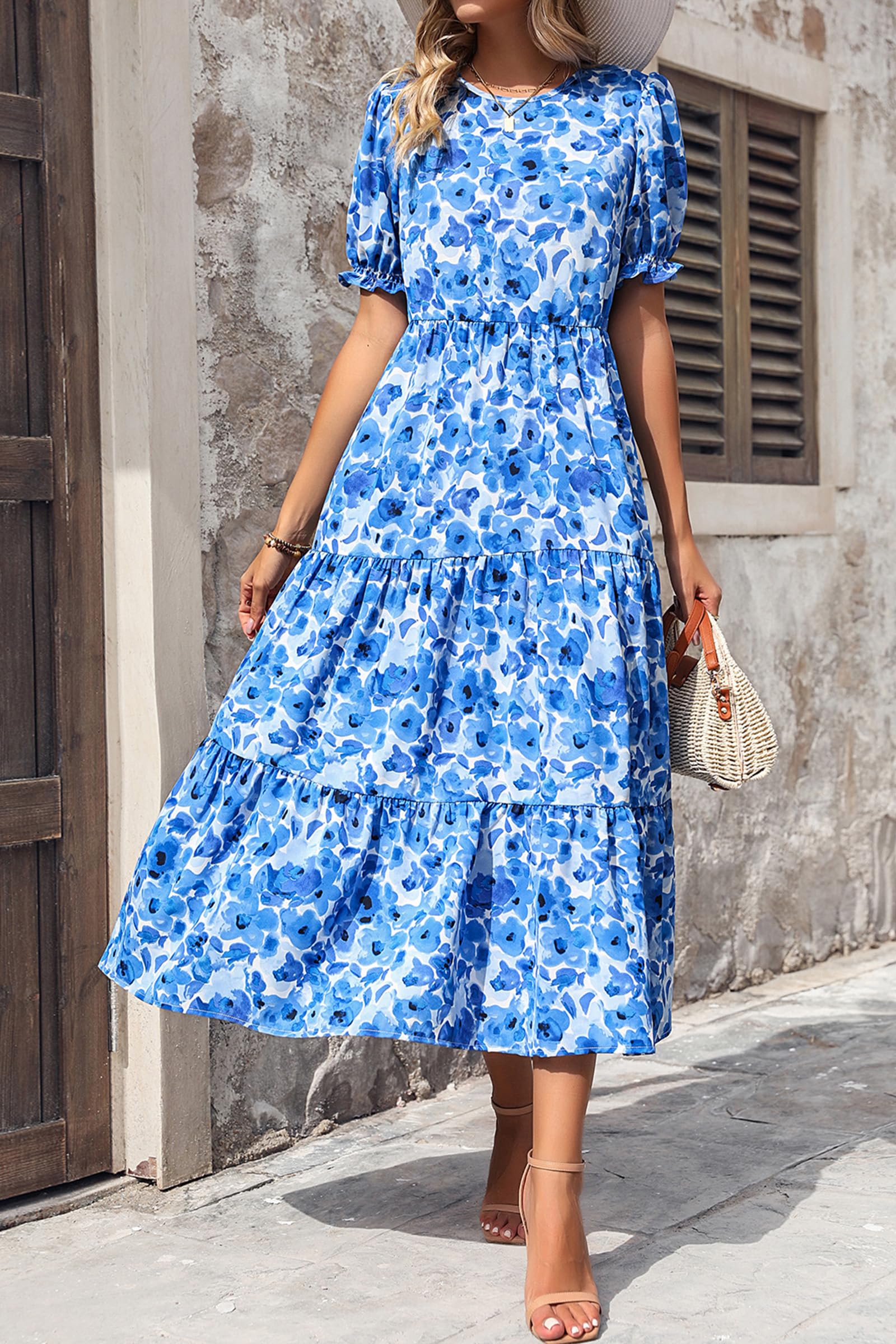 PRETTYGARDEN Summer Dresses for Women Casual Floral Boho Midi Sun Dress Puff Short Sleeve Flowy Beach Vacation Sundress