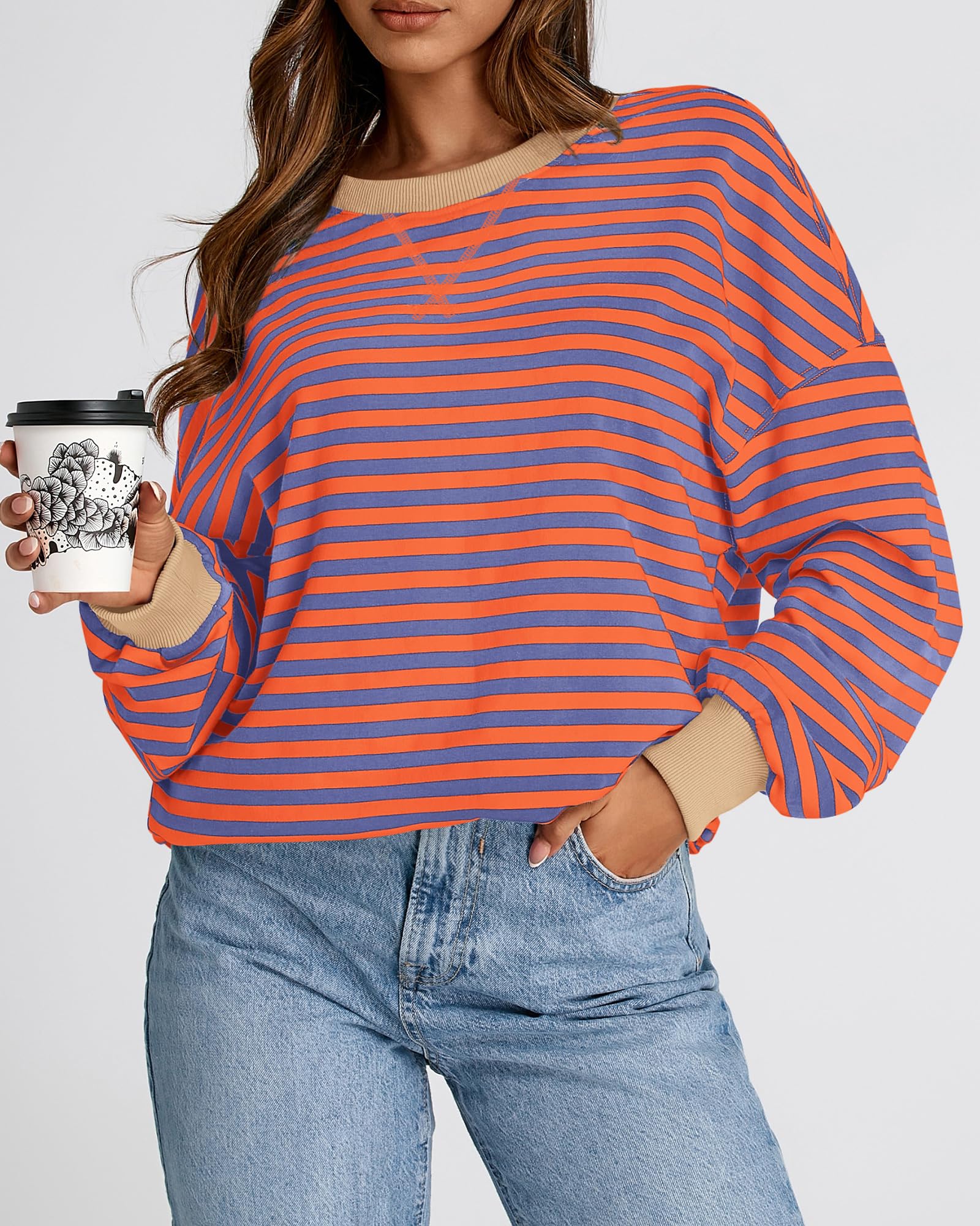 BTFBM Sweatshirt For Women Summer Crewneck Long Sleeve Oversized Striped Pullover Tops Y2K Clothes Workout Shirt
