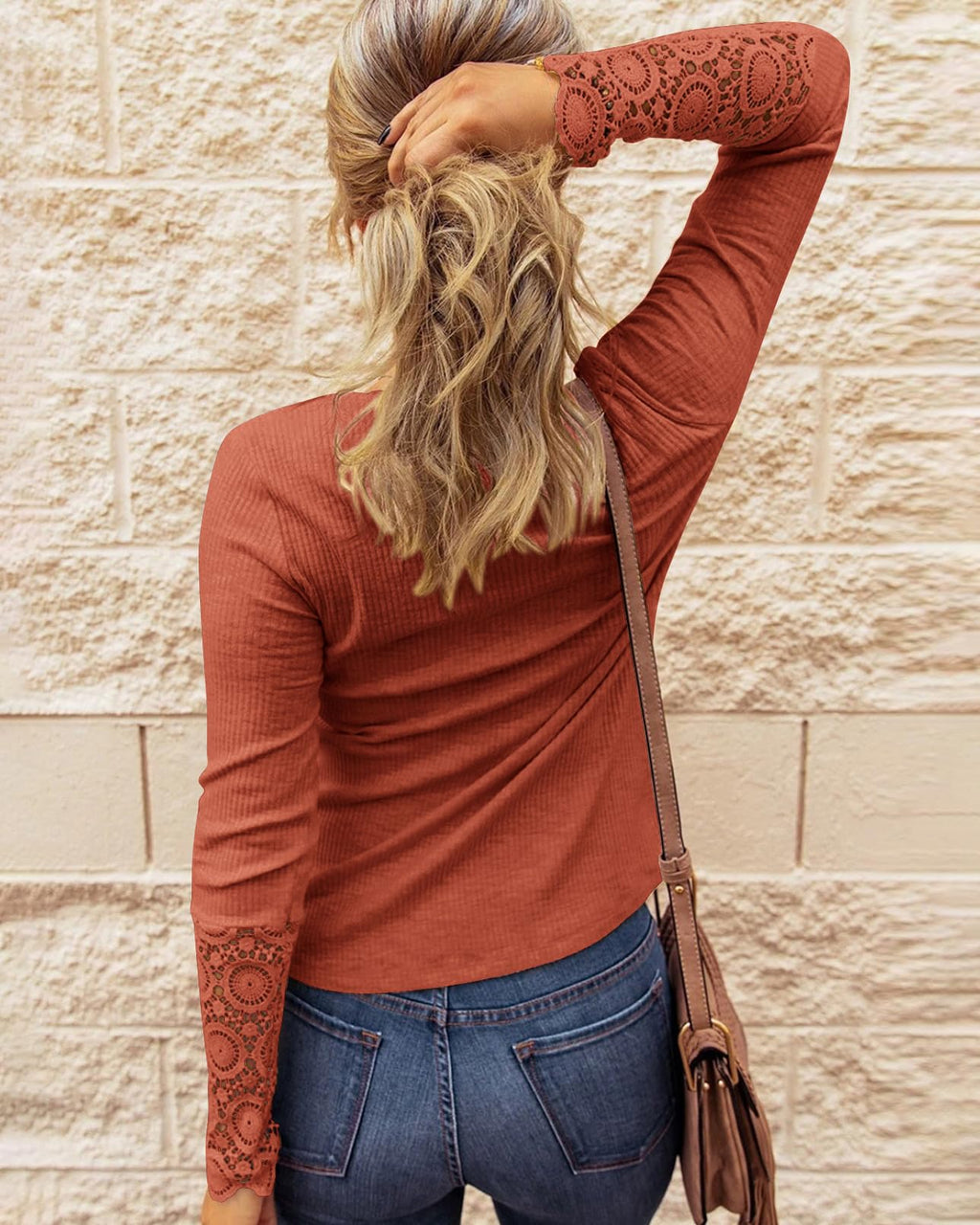 FreshPretty Women Long Sleeve Shirts Spring Solid Button Up V Neck Lace Long Sleeves Slim Fit Knit Casual Fall T-Shirts