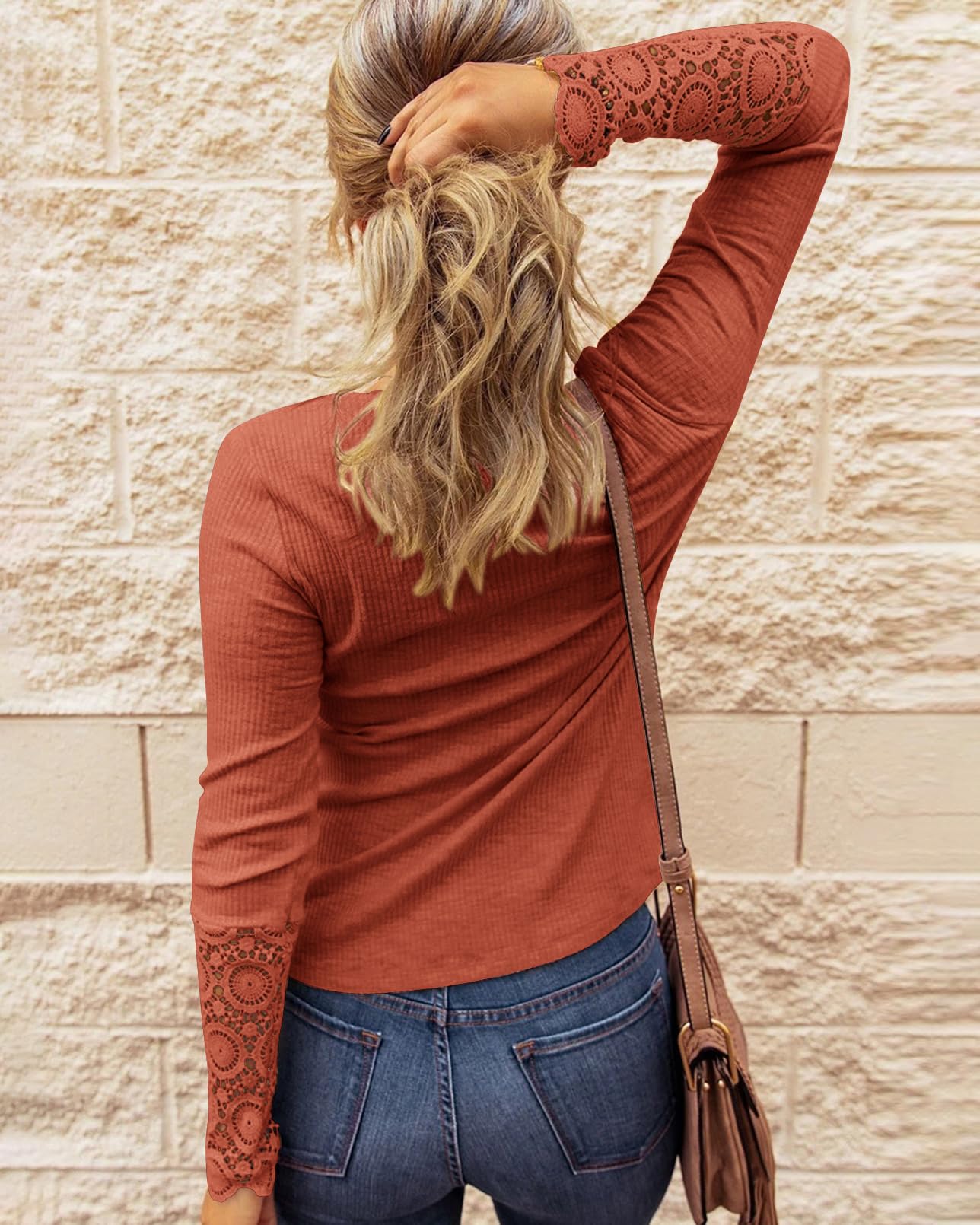 FreshPretty Women Long Sleeve Shirts Spring Solid Button Up V Neck Lace Long Sleeves Slim Fit Knit Casual Fall T-Shirts