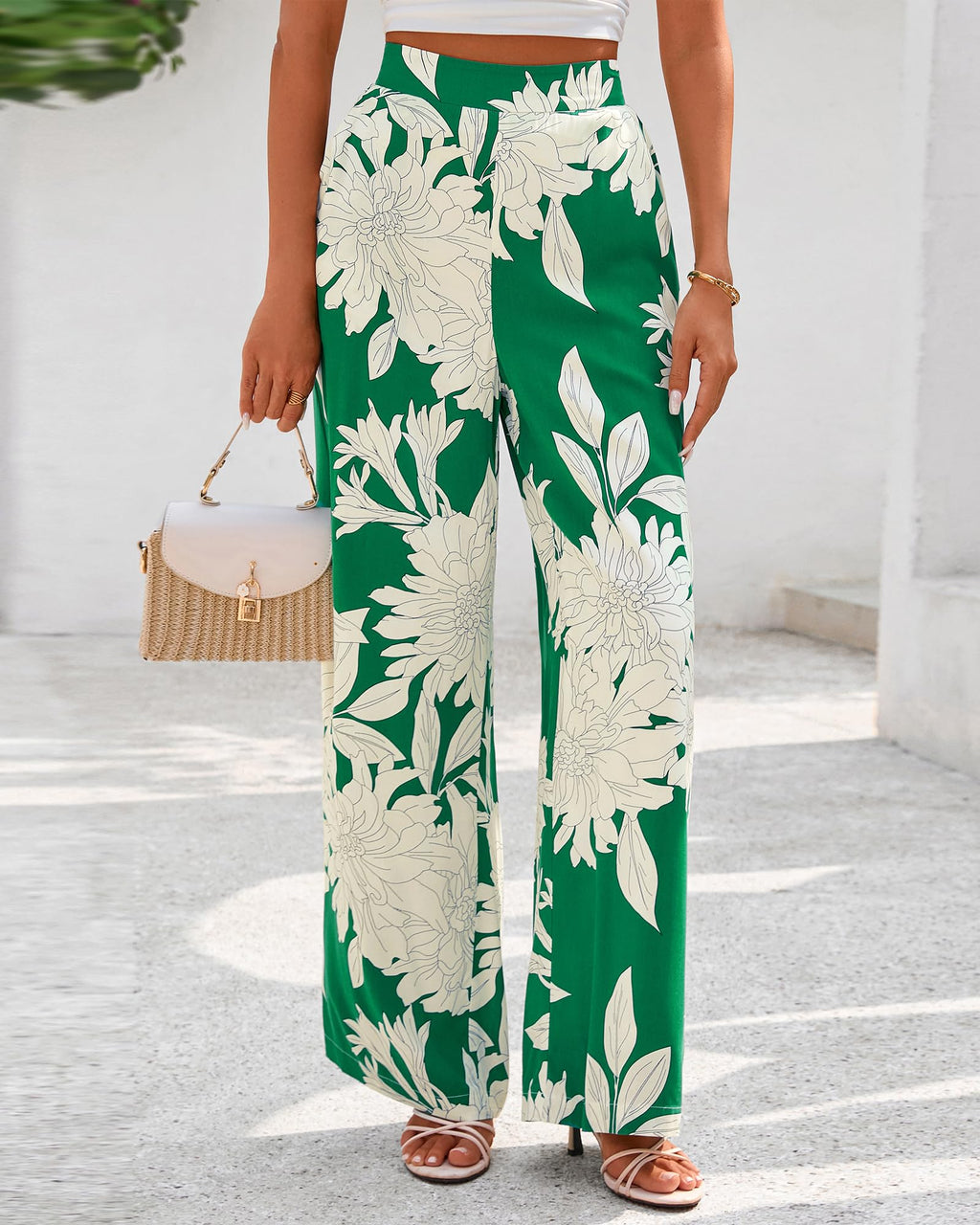 FreshPretty Womens Wide Leg Summer Pants Boho Beach Vacation Loose Elastic Waist Printed Palazzo Pant Pockets