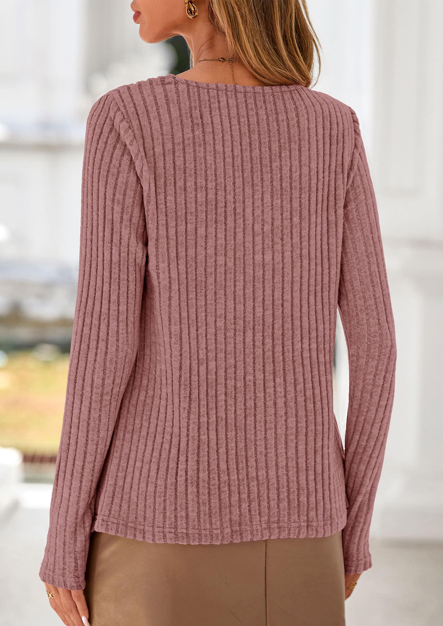 PRETTYGARDEN Women's Long Sleeve Shirts Fall Fashion Clothes Casual Ribbed V Neck Loose Tunic Tops Lightweight Sweaters