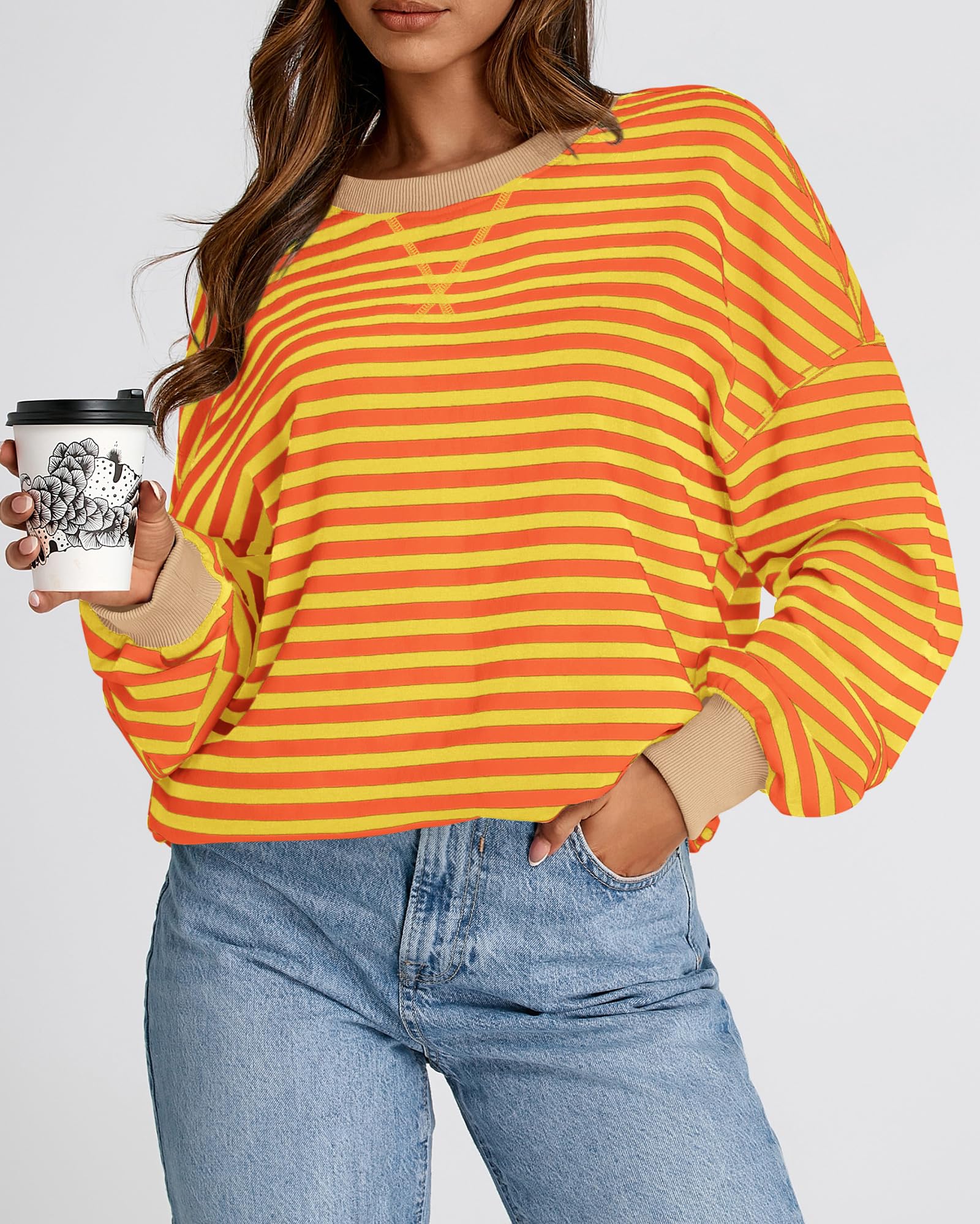 BTFBM Sweatshirt For Women Summer Crewneck Long Sleeve Oversized Striped Pullover Tops Y2K Clothes Workout Shirt