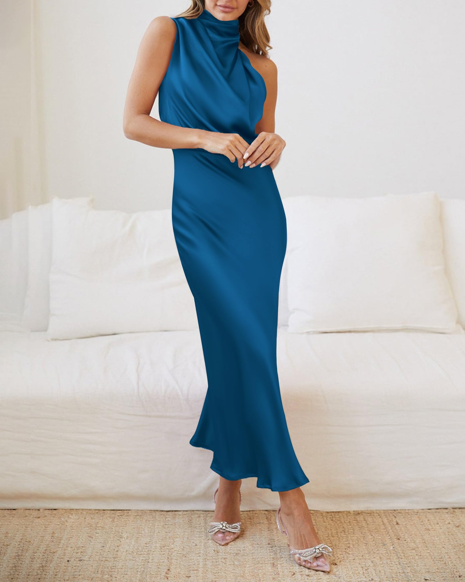 BTFBM Cocktail Dresses for Women Summer Satin Silk Sleeveless Mock Neck Maxi Wedding Guest Dress Spring Outfits