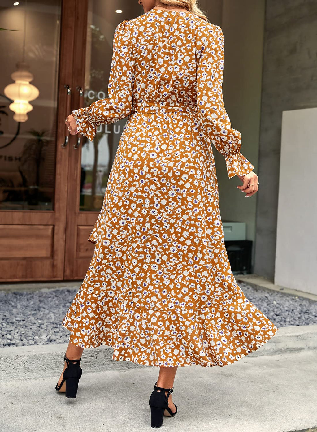 BTFBM Womens Dresses Summer V Neck Floral High Waist Ruffle Wedding Guest Cocktail Boho Spring Long Sleeve Dress