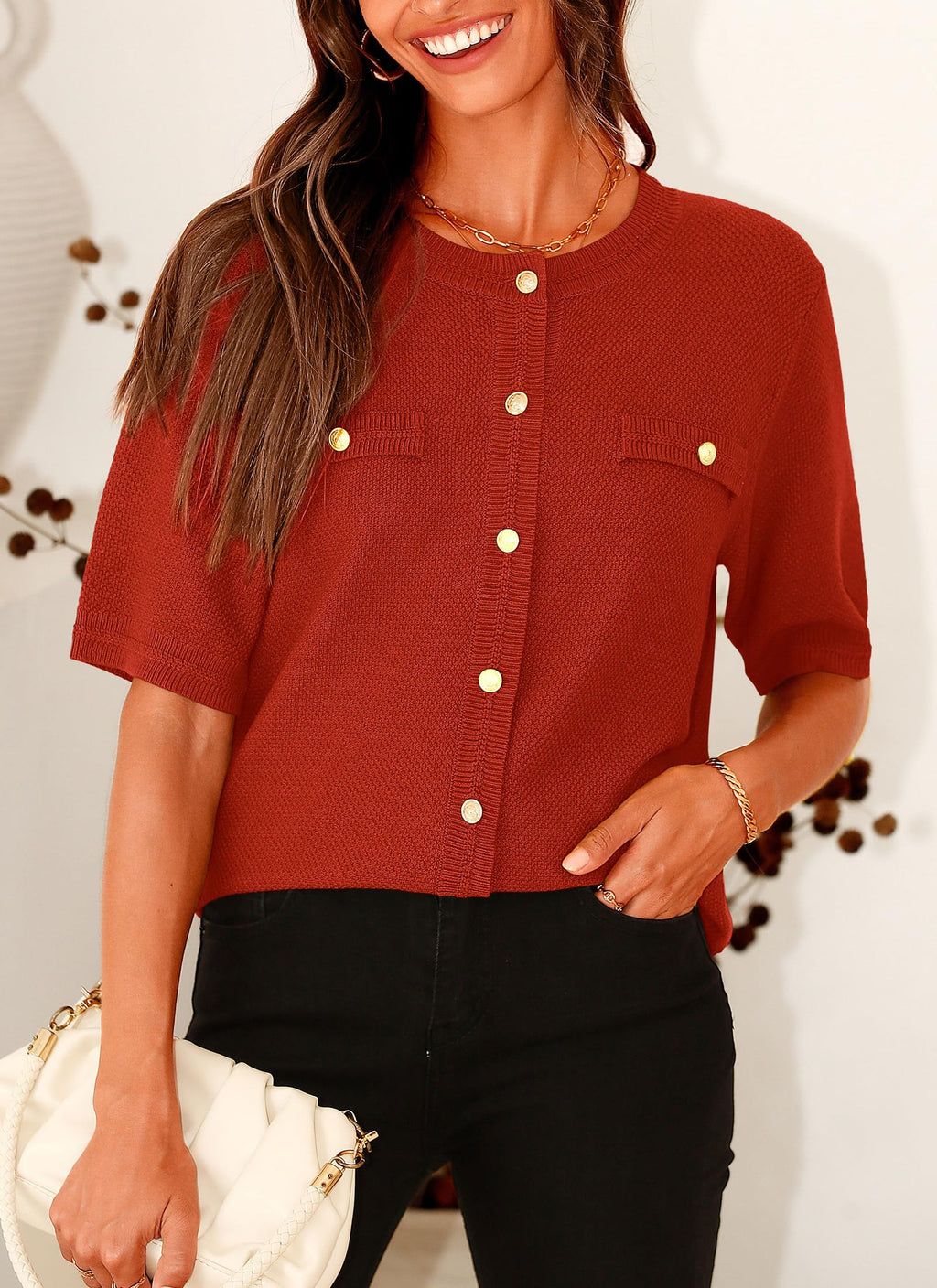 PRETTYGARDEN Women's Summer Button Down Shirts Casual Short Sleeve Crew Neck Ribbed Knit Blouse Top Cardigans