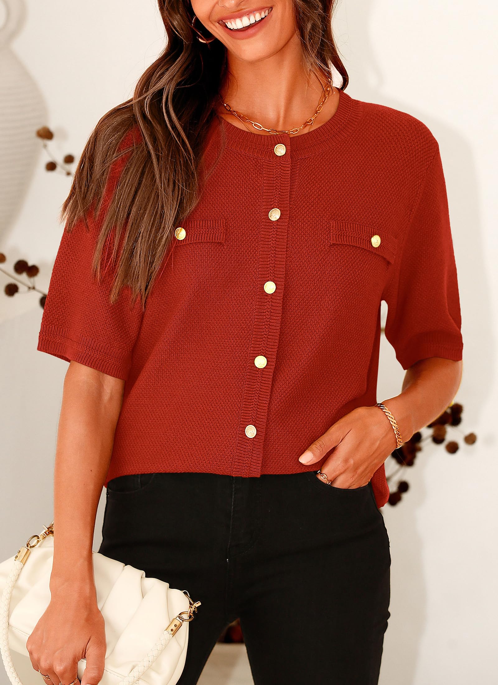 PRETTYGARDEN Women's Summer Button Down Shirts Casual Short Sleeve Crew Neck Ribbed Knit Blouse Top Cardigans