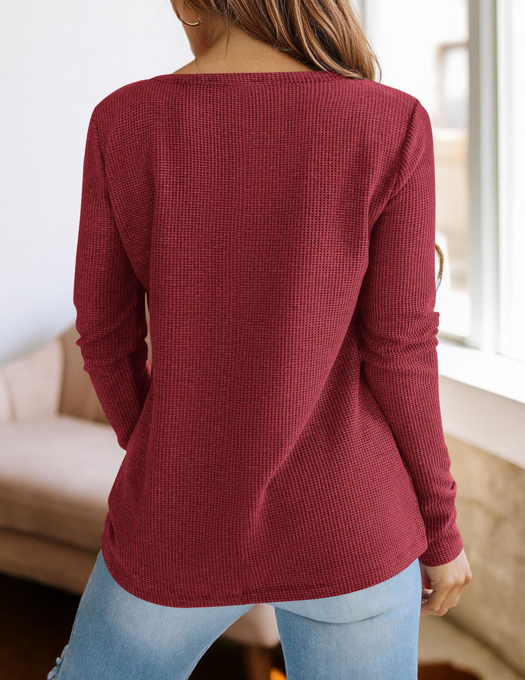 PRETTYGARDEN Long Sleeve Shirts for Women Fall V Neck Waffle Basic Tee Dressy Casual Winter Blouses Knit Tunic Tops