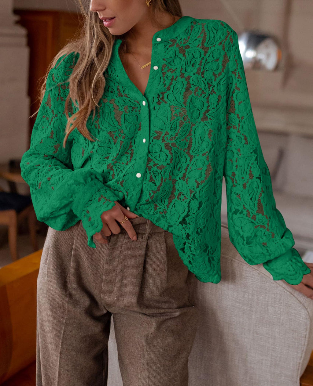 PRETTYGARDEN Women's Dressy Casual Lace Blouse Long Sleeve Button Up Shirts Tops Spring Fall Fashion Clothes