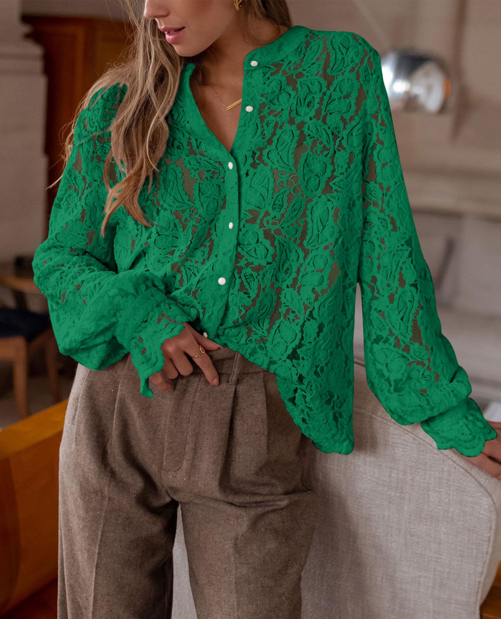 PRETTYGARDEN Women's Dressy Casual Lace Blouse Long Sleeve Button Up Shirts Tops Spring Fall Fashion Clothes