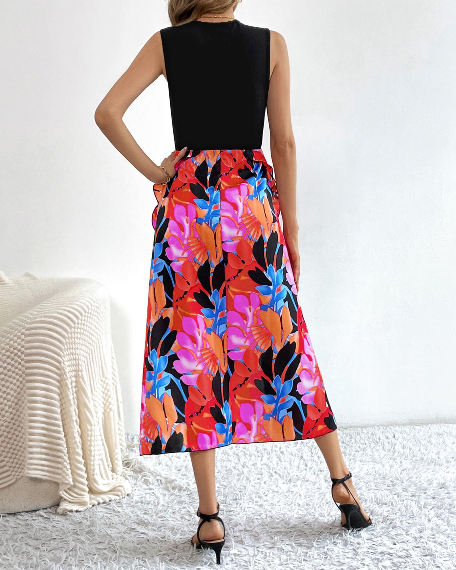 FreshPretty Women Casual Sleeveless Summer Dresses Spring Crewneck Patchwork Boho Floral Ruffle Cocktail Party Midi Dress