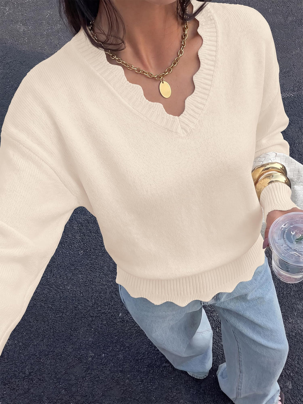 BTFBM Fall Long Sleeve Sweaters for Women | V Neck,Drop Shoulders,Scallop Edges,Lightweight Knit Sweaters Top,Daily Wear,Holiday,Christmas,Winter Clothing