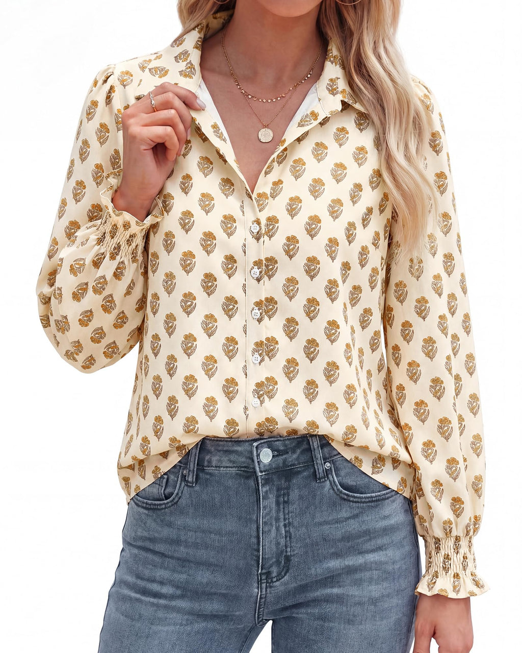 BTFBM Long Sleeve Blouses for Women, Floral V Neck Button Down Shirts, Smocked Cuffs, Business Casual Summer Outfits