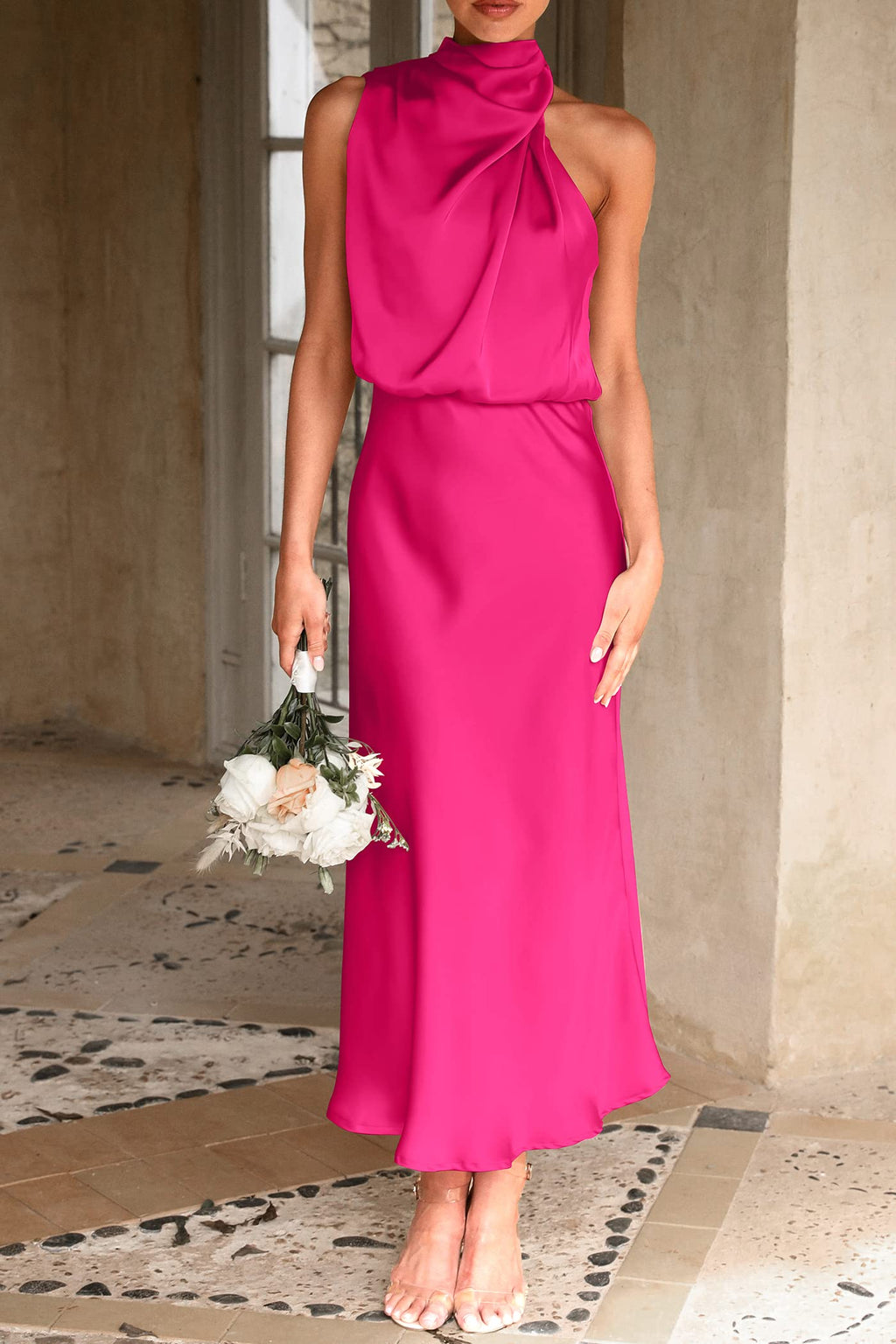 PRETTYGARDEN Women's Summer Satin Dress Elegant Sleeveless Mock Neck Cocktail Party Maxi Dresses