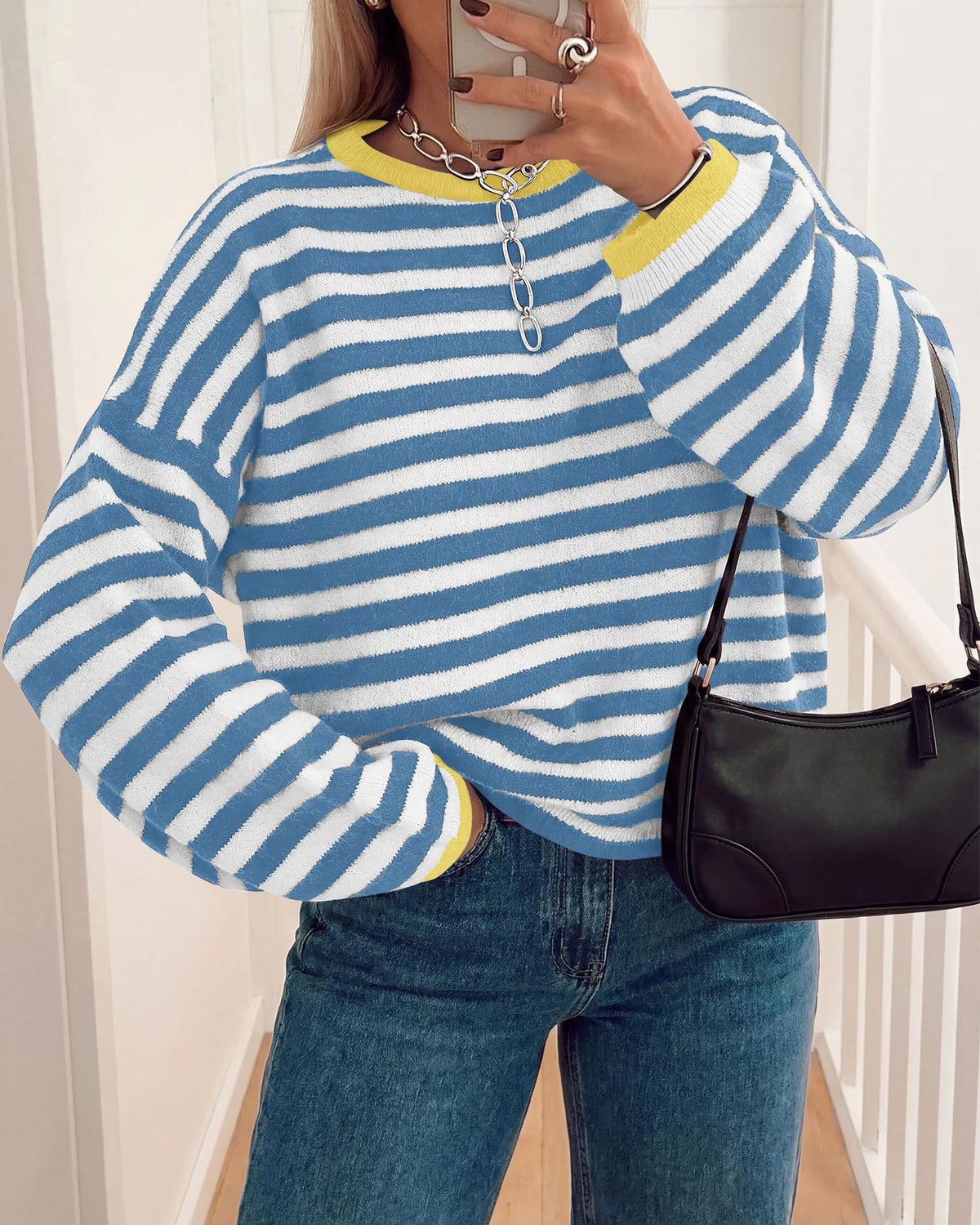 BTFBM Women's Lightweight Oversized Striped Sweater | Soft Knit Cozy Sweaters, Crew Neck Long Sleeve Pullover, y2k Color Block, Casual Holiday Outfits, Winter Fall Clothes