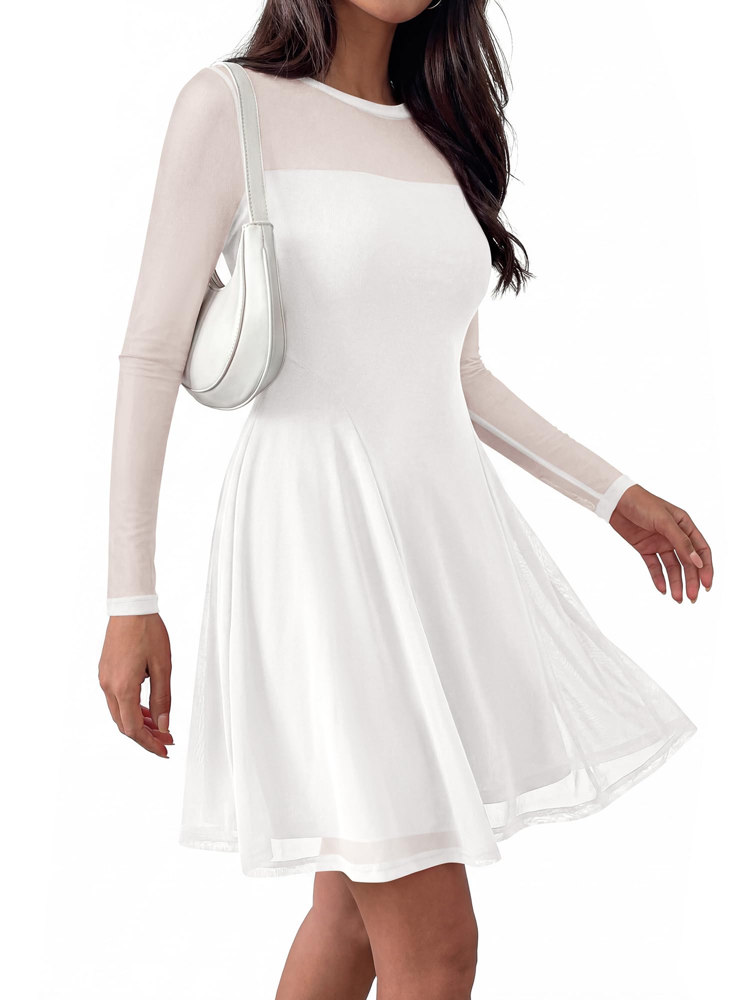 BTFBM Women’s Mini Dress Sheer Mesh Long Sleeve Crew Neck Flowy A Line Casual Cocktail Party Going Out Dresses Fall