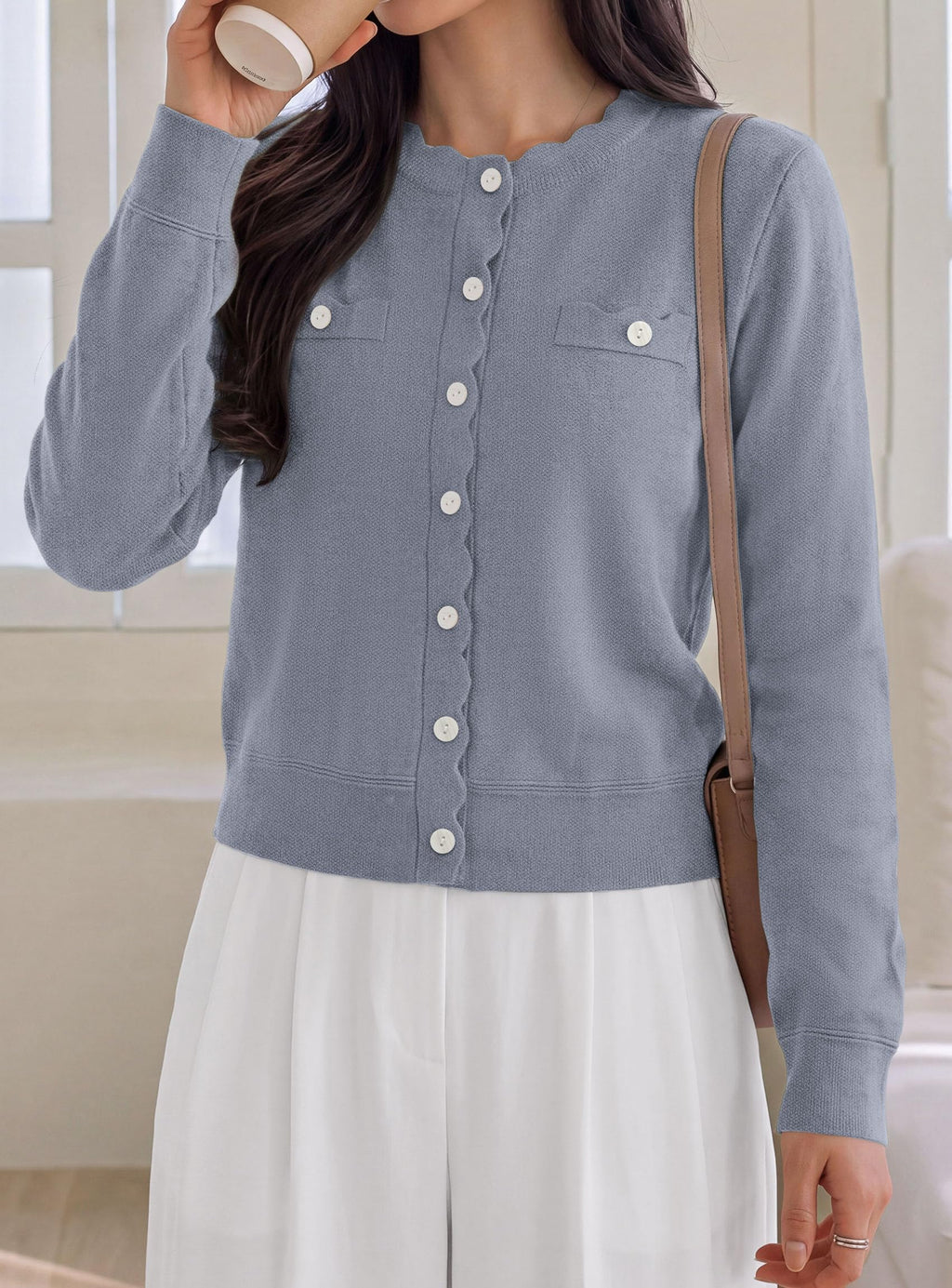PRETTYGARDEN Cardigan Sweaters for Women Scalloped Button Up Fall Outfits Soft Knit Long Sleeve Knit Tops,Crew Neck,Business Casual Outfits,Office Work Lightweight Sweater,Layers Clothes