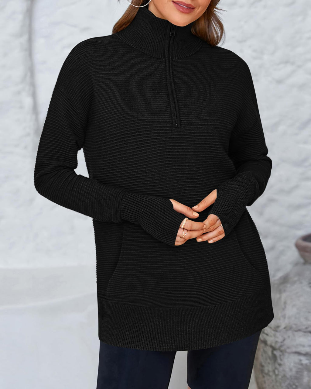 BTFBM Sweaters for Women Fall Clothes Pocket Quarter Zip Pullover V Neck Long Sleeve Knit Trendy Winter Sweater