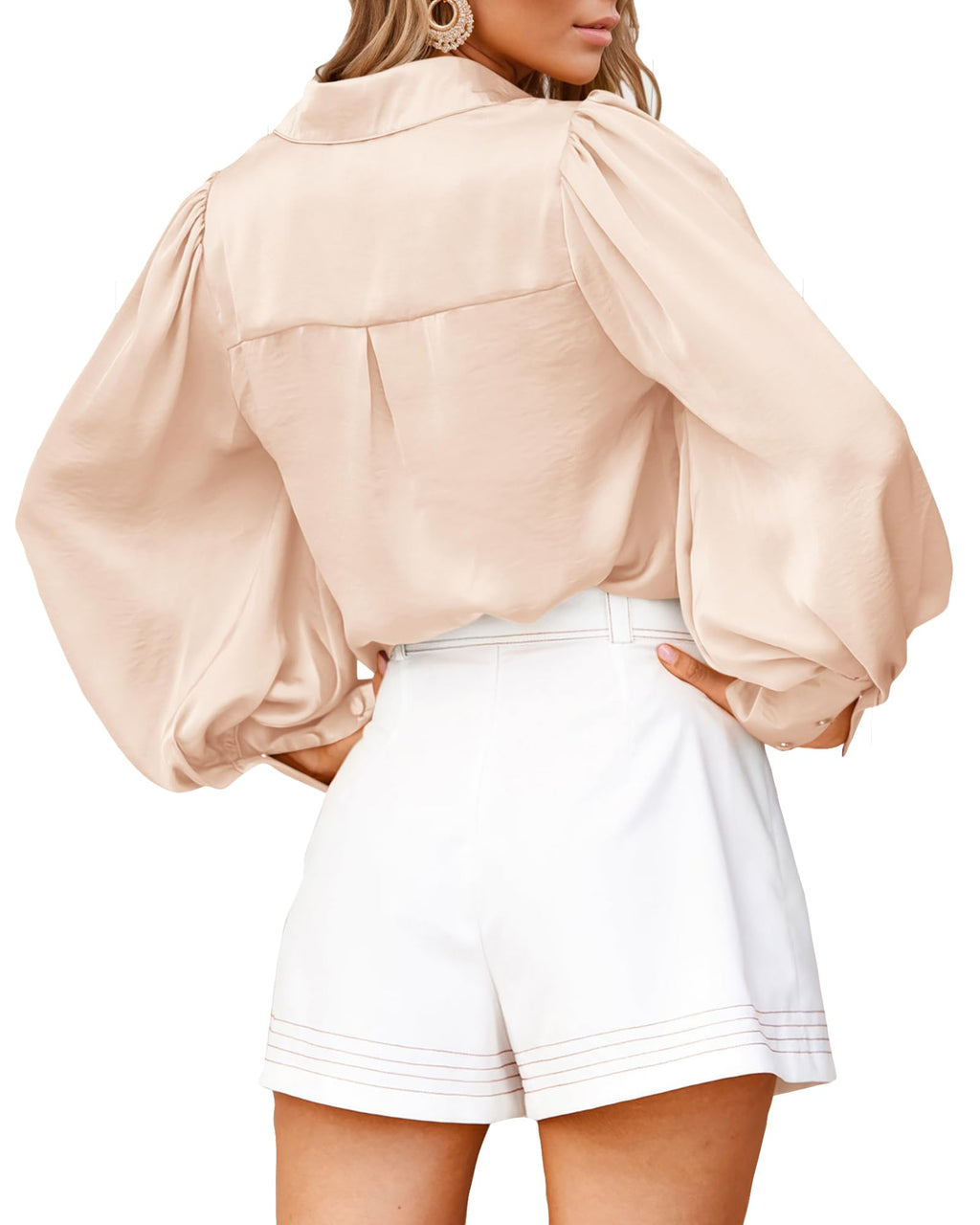 BTFBM Women Satin Blouses Summer Fall Clothes Button Down Lantern Long Sleeve Shirts Work Business Casual Dressy Tops