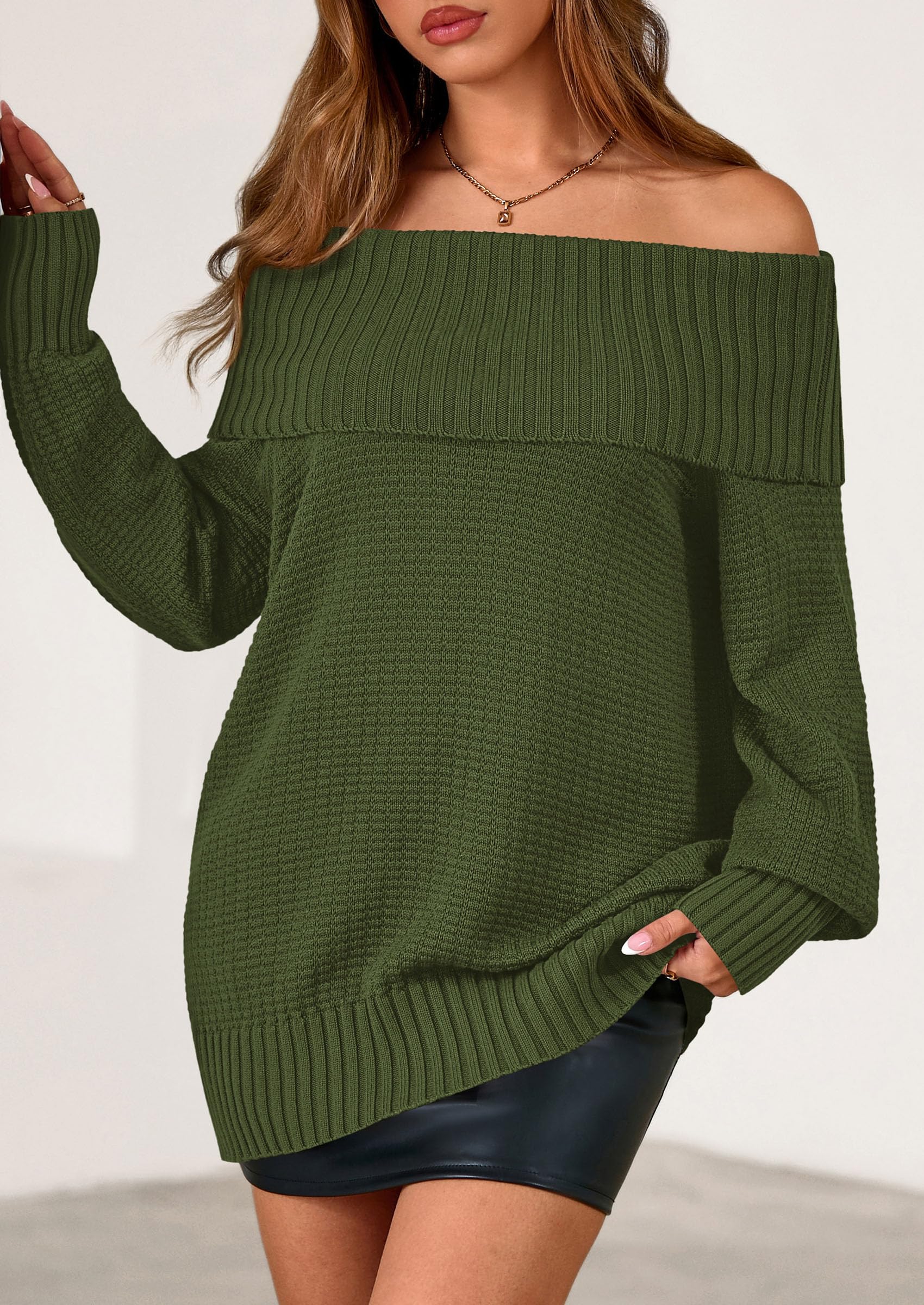 PRETTYGARDEN Womens Off The Shoulder Sweater Long Sleeve Tops Loose Knit Pullover Sweaters Fashion Fall Clothes