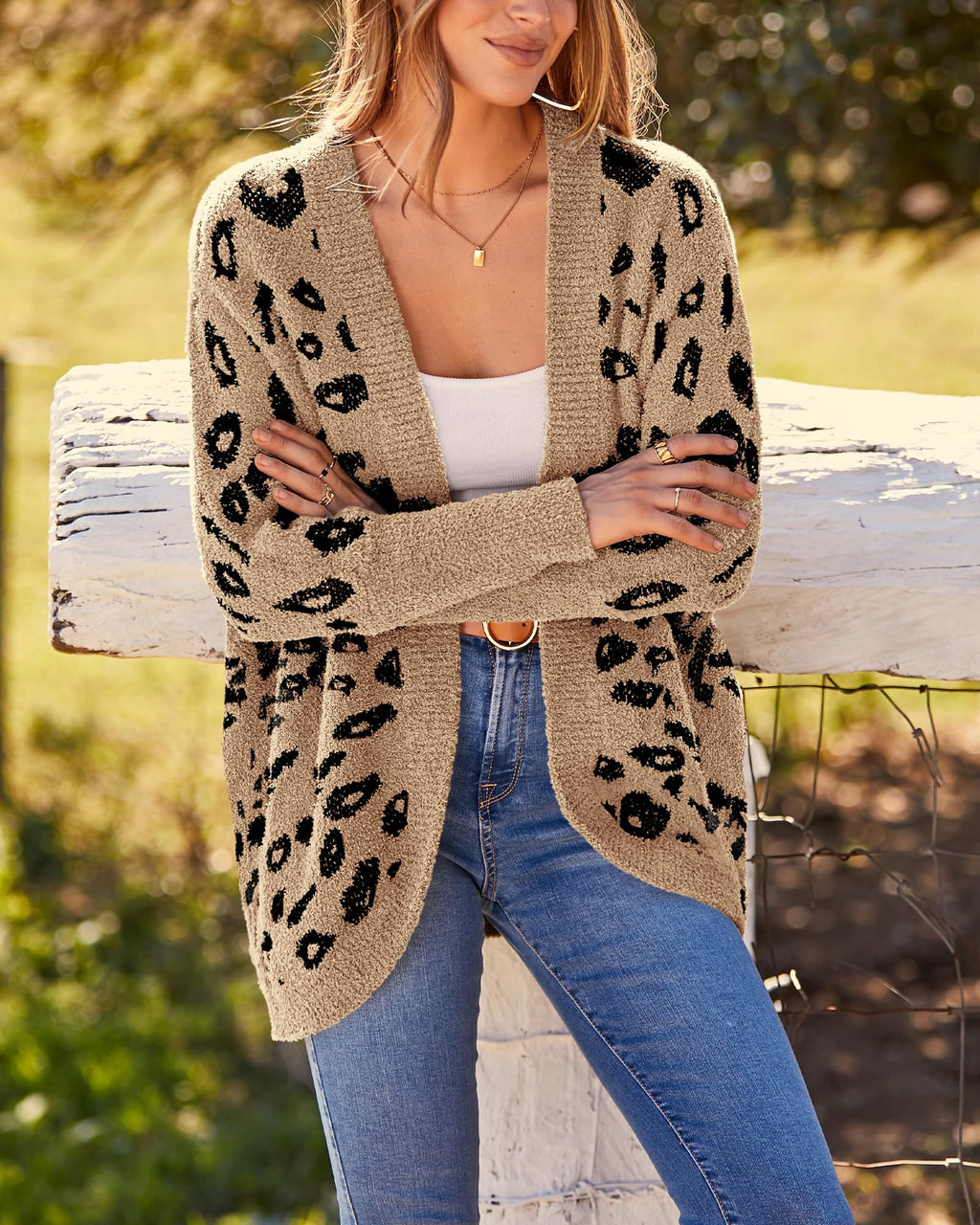 FreshPretty Leopard Cardigan for Women Long Sleeve Open Front Cardigans Sweaters Pockets Loose Knit Fall Winter Outwear