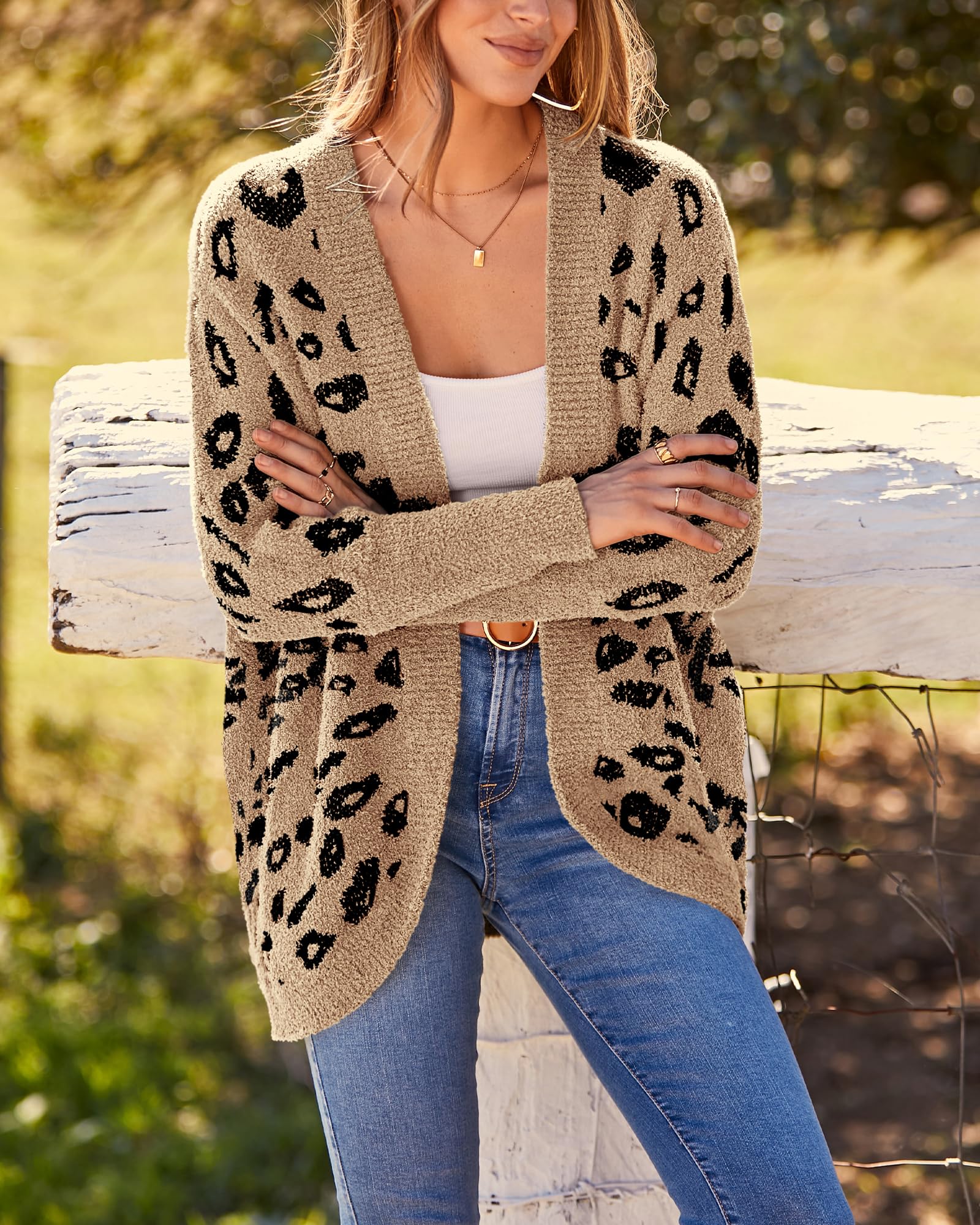 FreshPretty Leopard Cardigan for Women Long Sleeve Open Front Cardigans Sweaters Pockets Loose Knit Fall Winter Outwear
