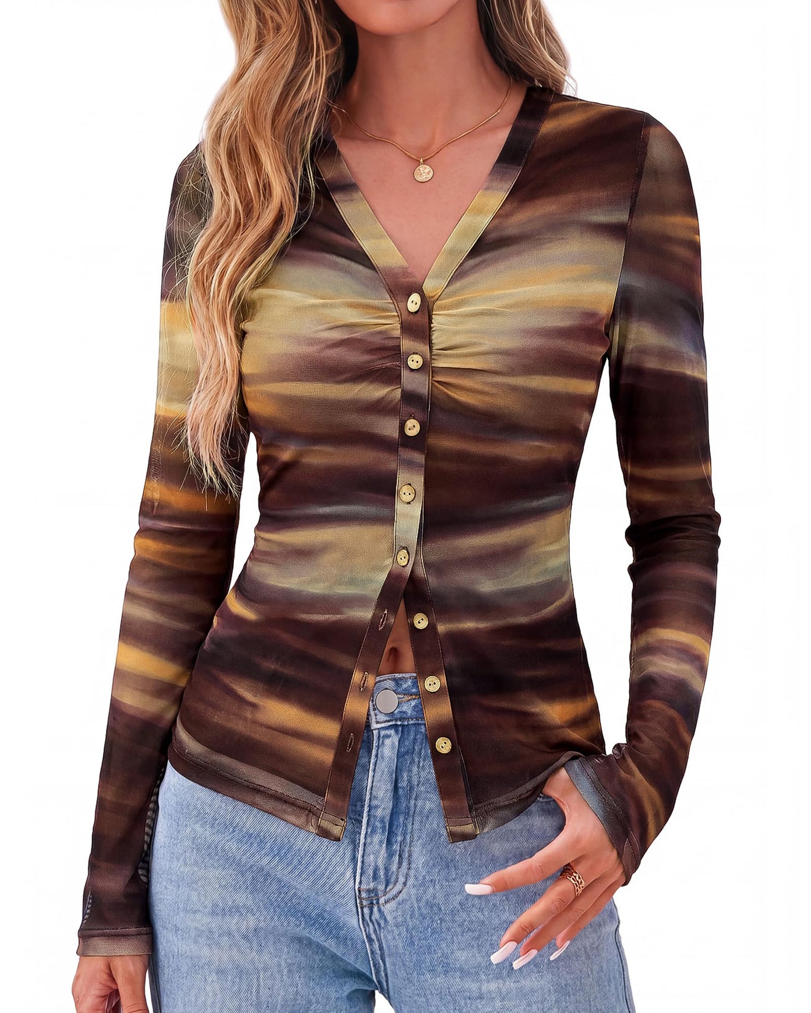 BTFBM Button Down Shirts for Women Spring Boho Tops V Neck Long Sleeve Blouses Ruched Mesh Fitted Fall Fashion