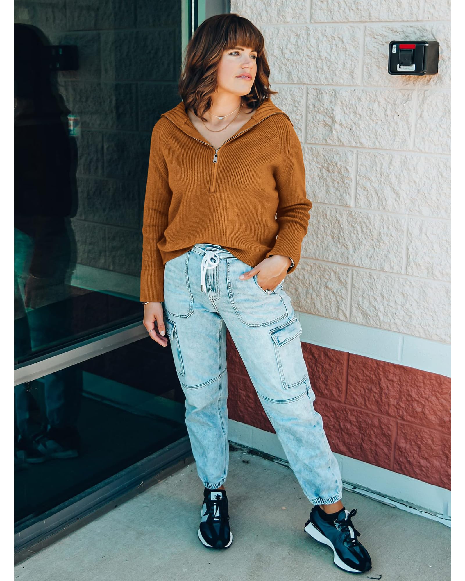 FreshPretty Womens Sweaters Quarter Zip Pullover V Neck Collar Long Sleeve Ribbed Knit Loose Casual Winter Fall Sweater