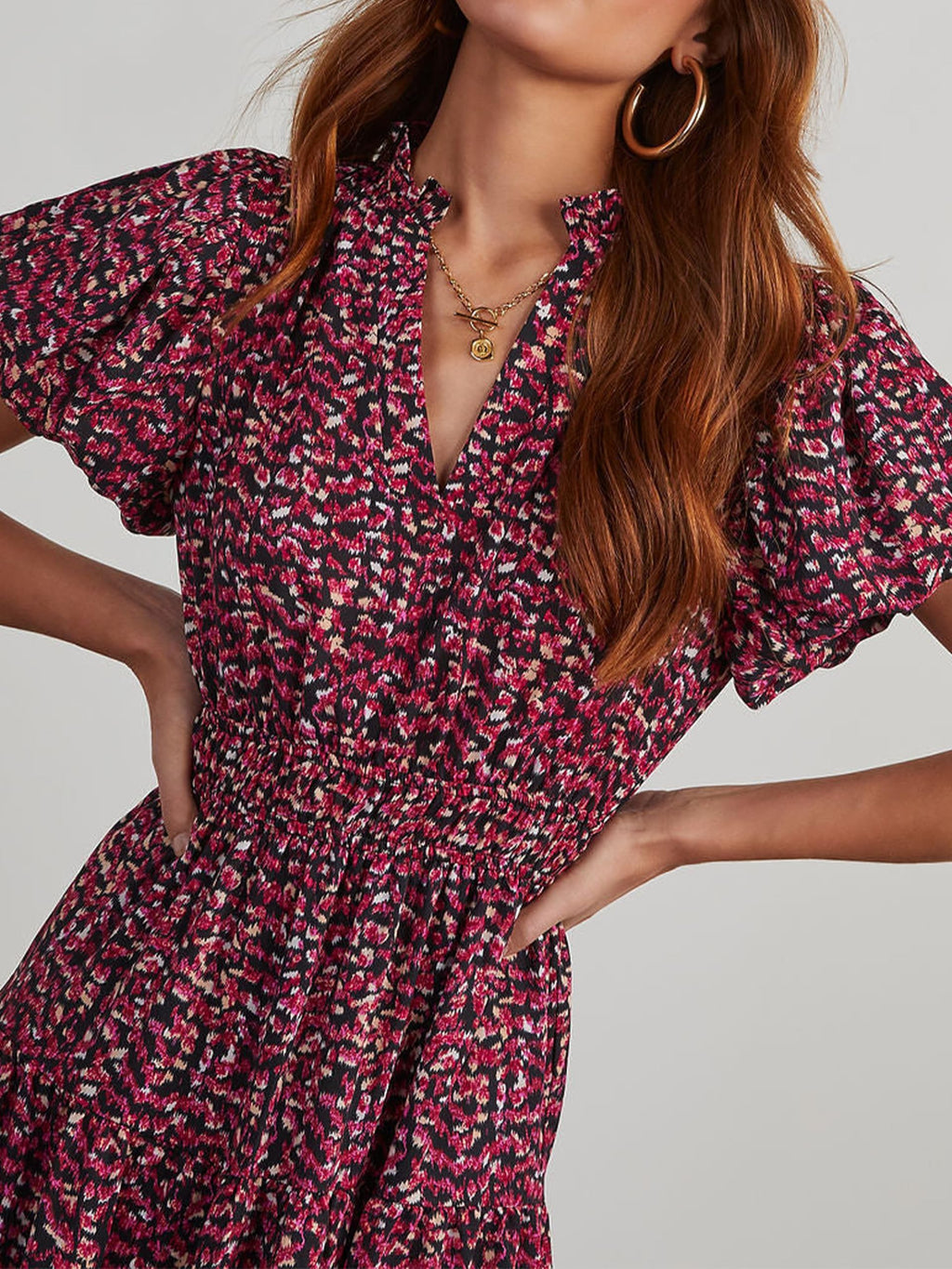 PRETTYGARDEN Summer Maxi Dresses for Women  Casual V Neck Puff Short Sleeve Smocked Flowy Beach Boho Long Floral Dress