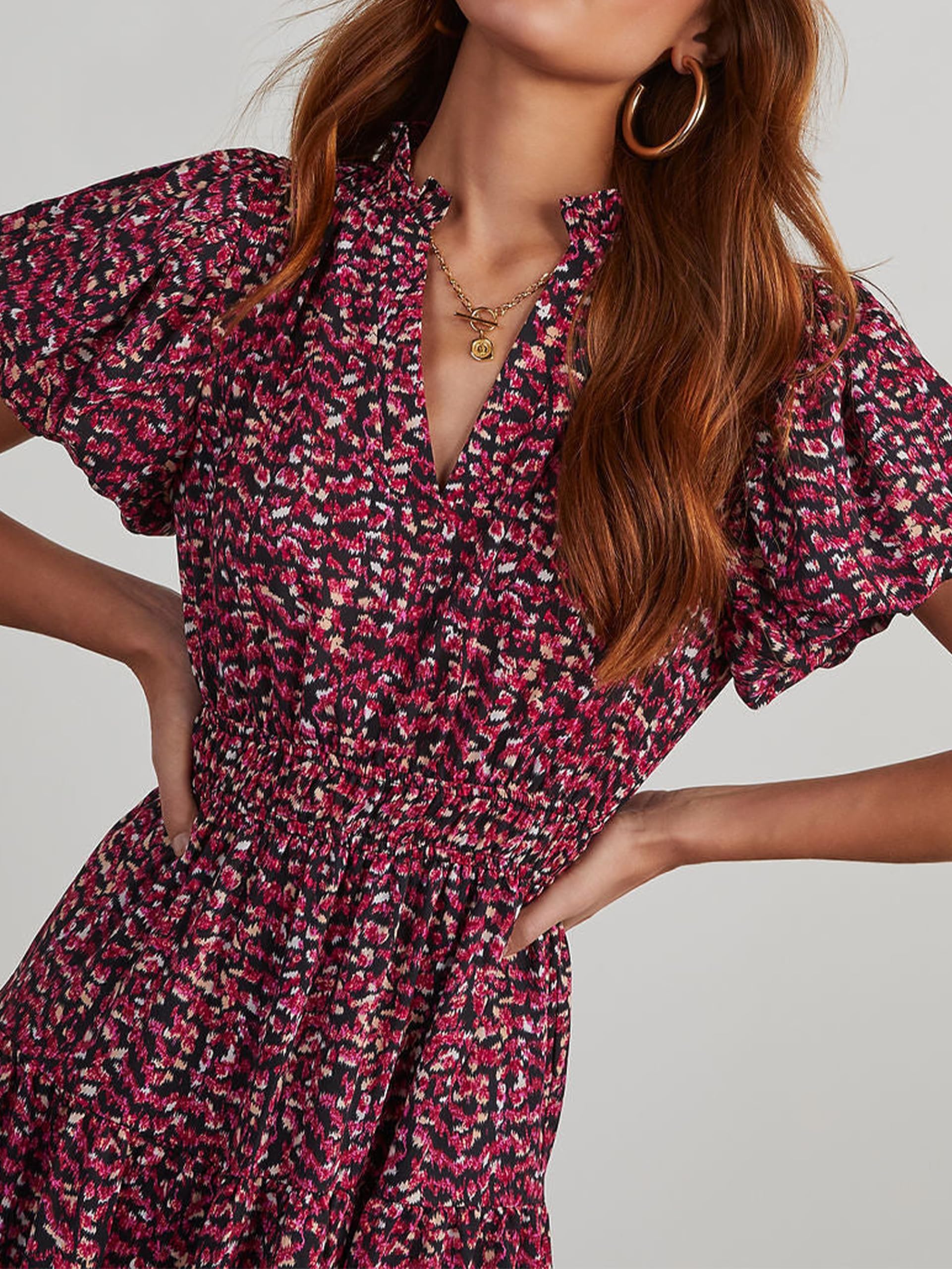 PRETTYGARDEN Summer Maxi Dresses for Women  Casual V Neck Puff Short Sleeve Smocked Flowy Beach Boho Long Floral Dress