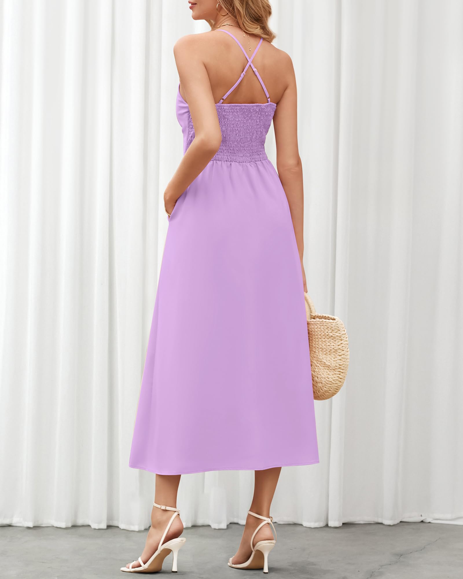 BTFBM Women Spaghetti Strap Midi Summer Dresses Sleeveless V Neck Cutout Slit Casual Beach Party Maxi Dress Pockets