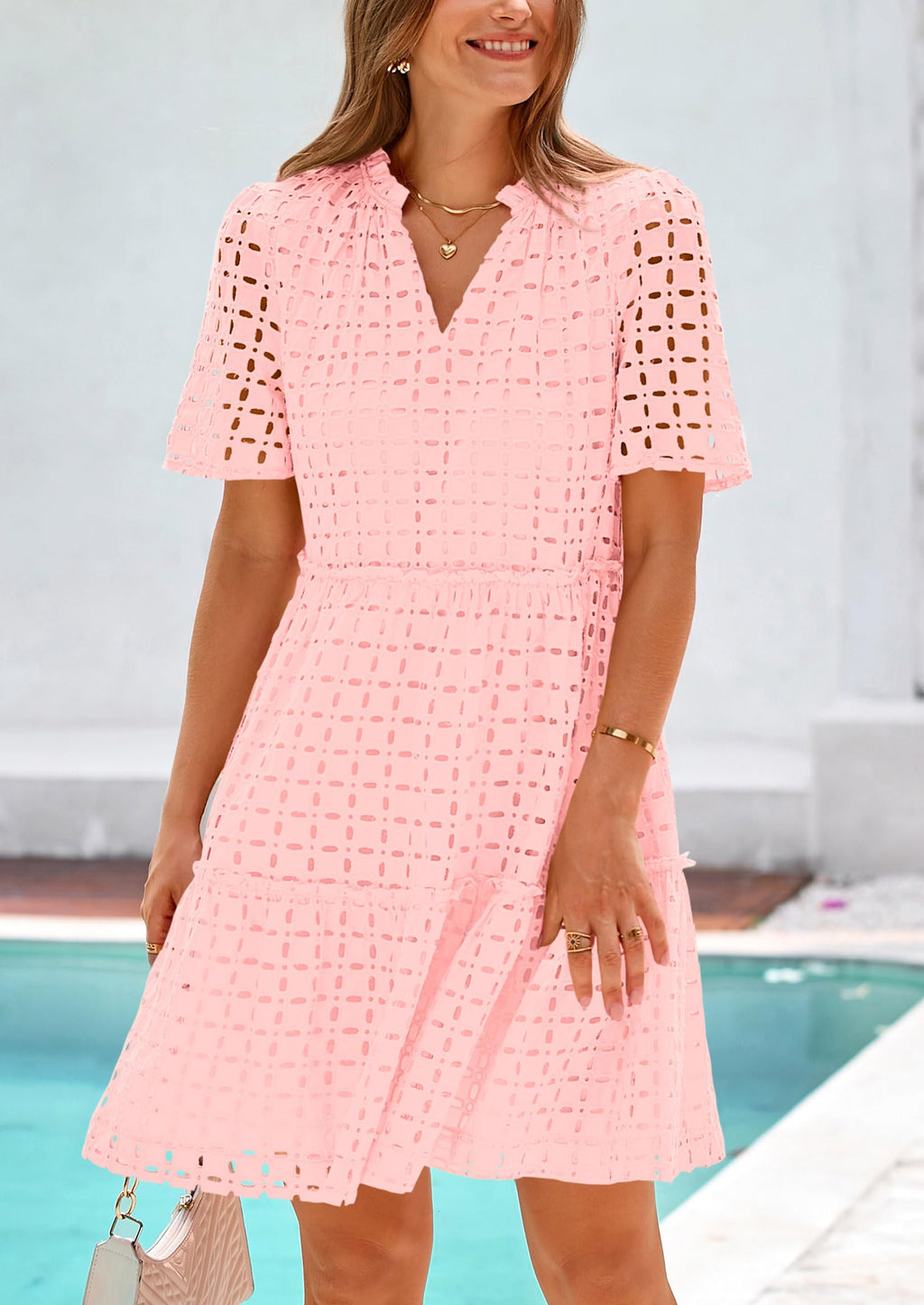 PRETTYGARDEN Eyelet Dresses for Women Summer Short Sleeve V Neck Hollow Out Ruffle A Line Boho Beach Vacation Mini Dress