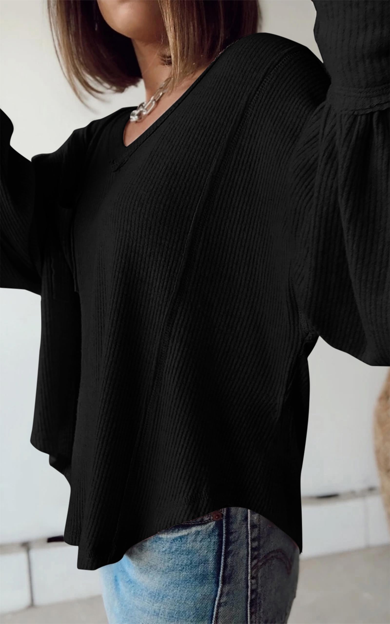 FreshPretty Womens Fall Fashion Long Sleeve Shirts Casual V Neck Ribbed Knit Blouses Pullover Trendy Loose Fit Tunic Tops