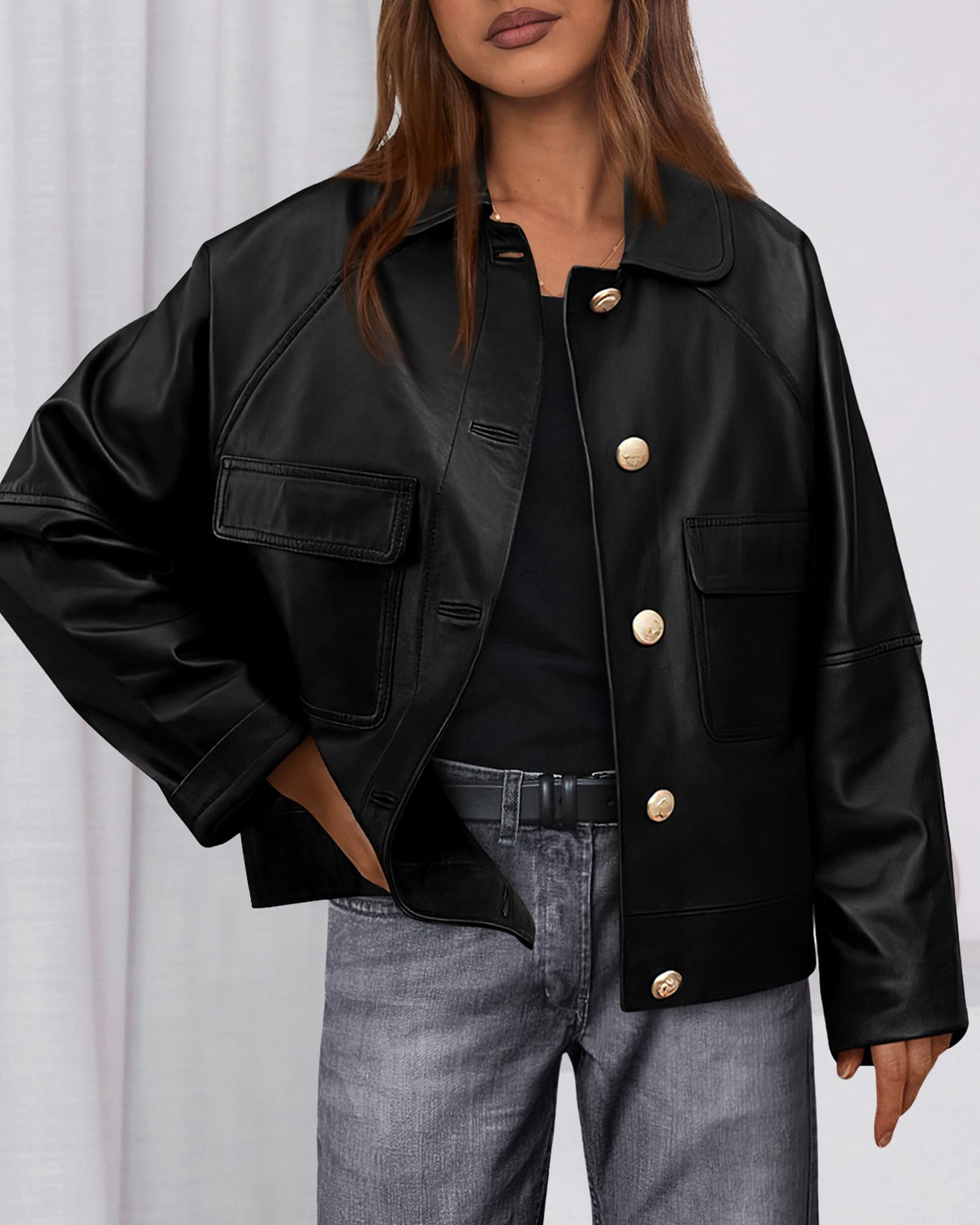 FreshPretty Leather Jacket Women Fall Clothes Long Sleeve Button Down Winter Coats Oversized Motorcycle Outwear
