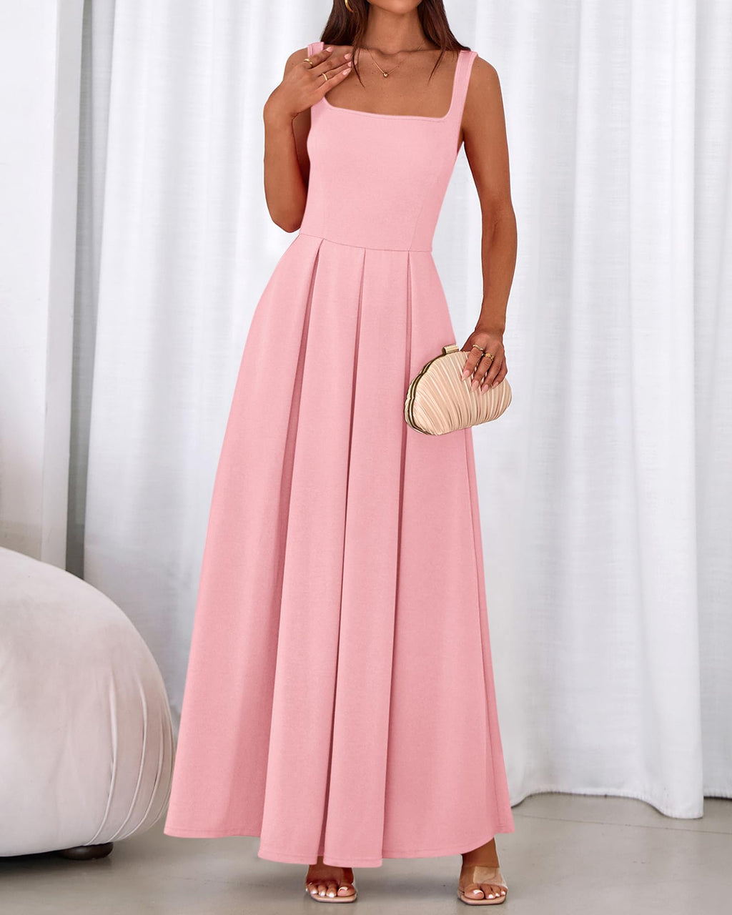 BTFBM Women Summer Square Neck Maxi Dress Spring Elegant Classy Sleeveless Formal Wedding Guest Cocktail Dresses