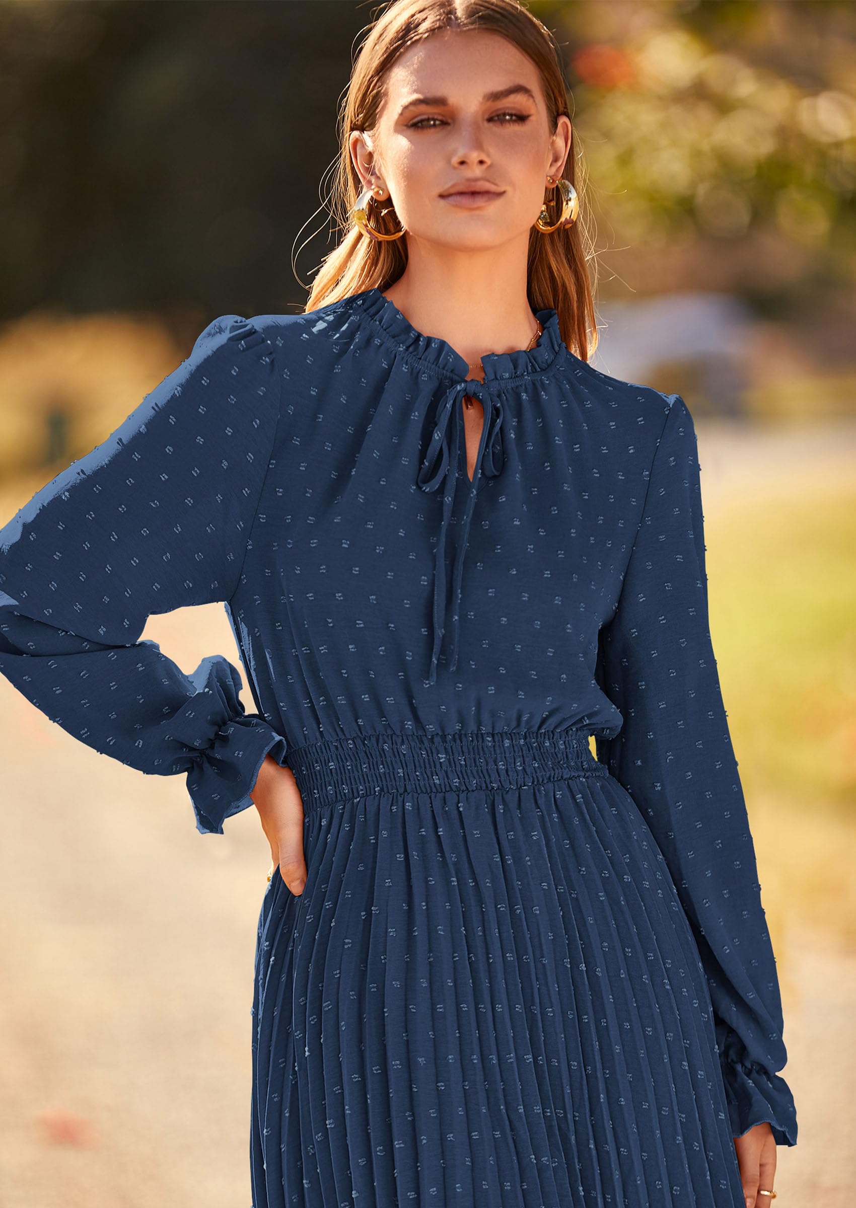 PRETTYGARDEN Women's Spring Fall Midi Dress Casual Long Sleeve V Neck Swiss Dot Pleated A Line Flowy Dresses